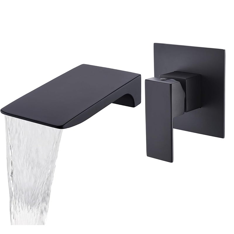 Czarny ścienny kran mieszający do umywalki, mosiężny ścienny kran wodospadowy - kran umywalkowy