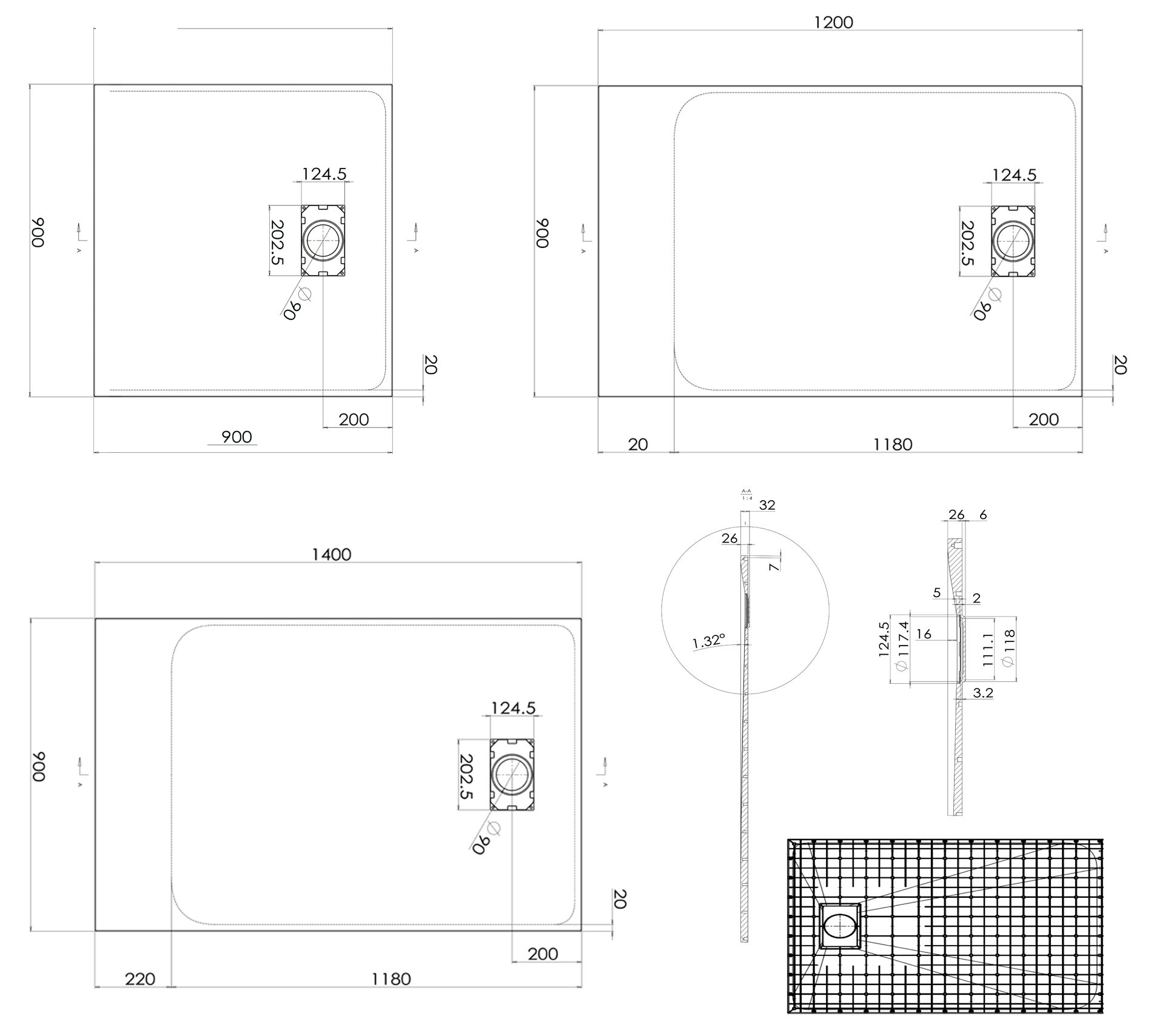 Bernstein Brodzik prysznicowy z SMC 120x90 biały odpływ typu B - 4