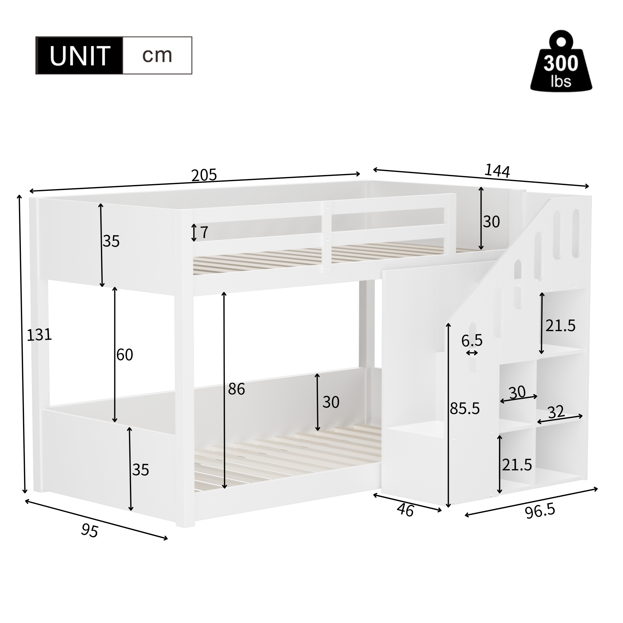 Lit superposé pour enfant - 2x90x200 cm - avec casier d'escalier et garde-corps - Blanc (sans matelas) - 5