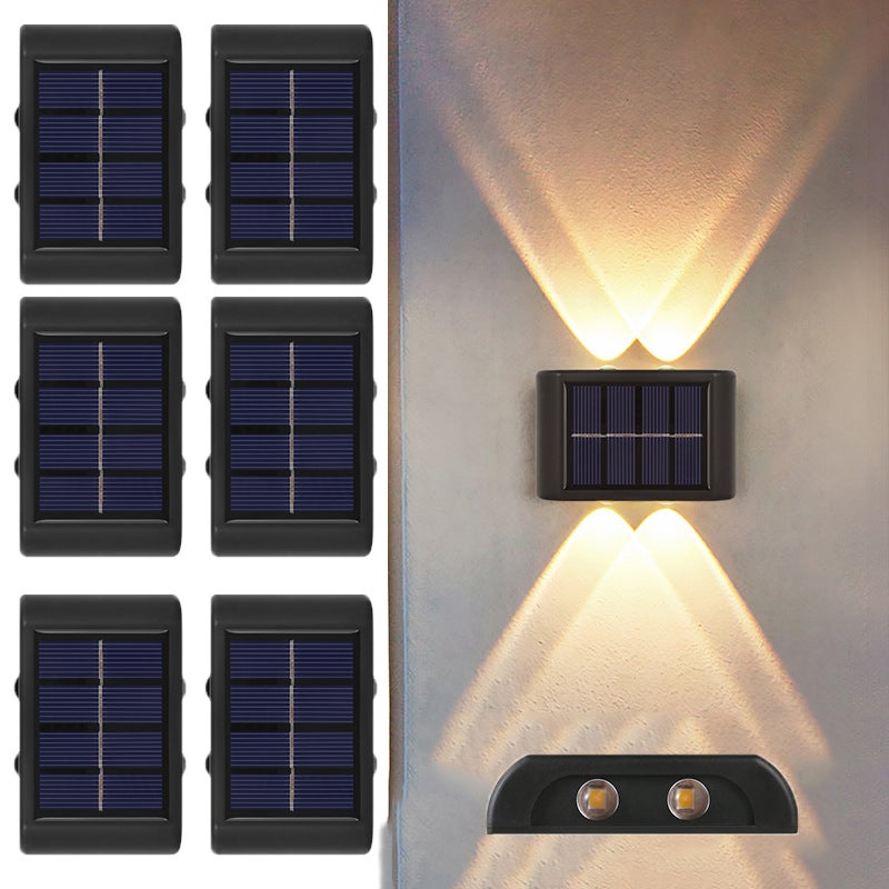 Zewnętrzna solarna lampa ścienna 4 LED, oświetlenie w górę i w dół, do ogrodu, podjazdu, schodów, tarasu, werandy - Ciepłe światło 3000K (6 sztuk)