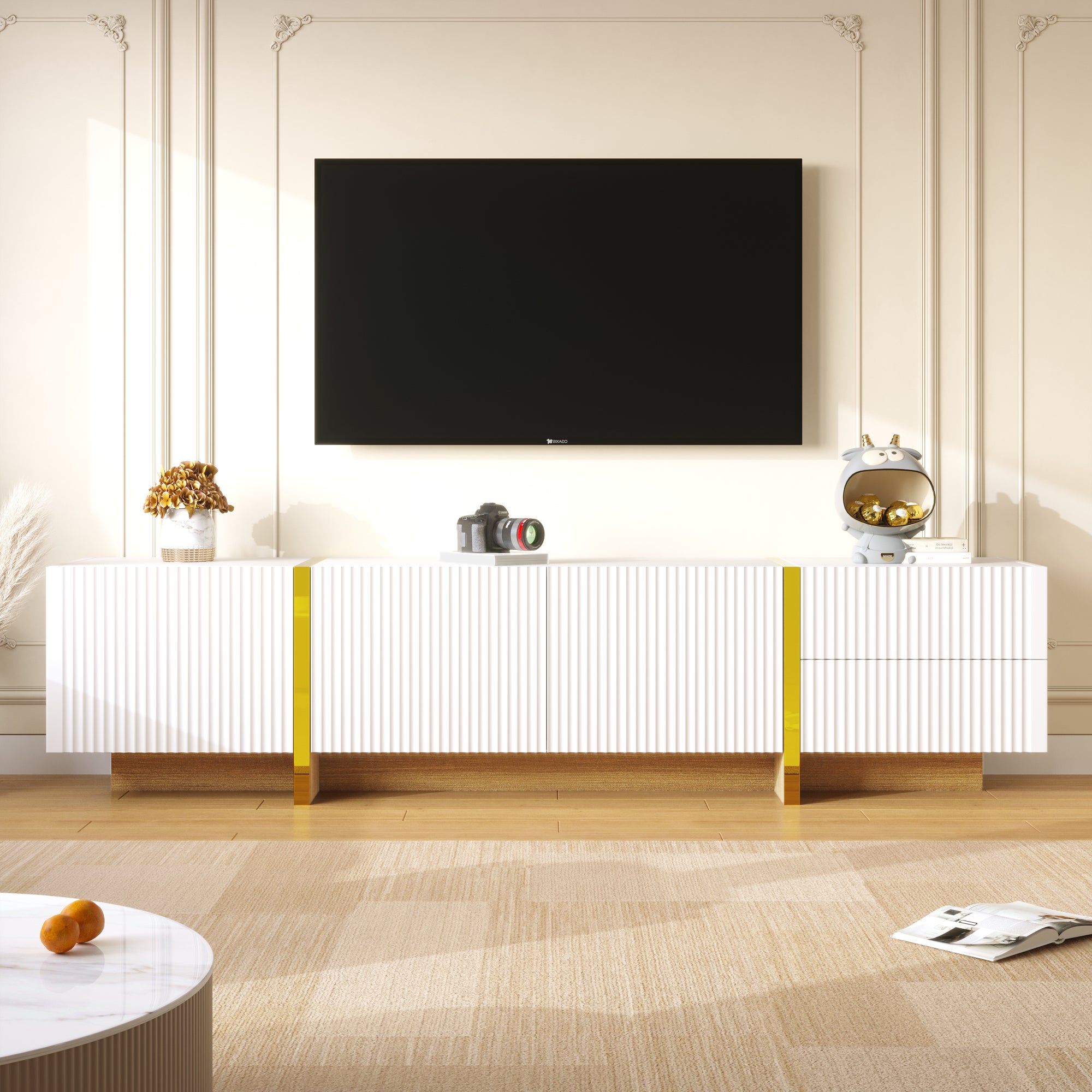 Szafka RTV z 2 szufladami i 3 drzwiami - 190 x 35 x 45 cm - płyta MDF i płyta wiórowa - kolor biały + złoty