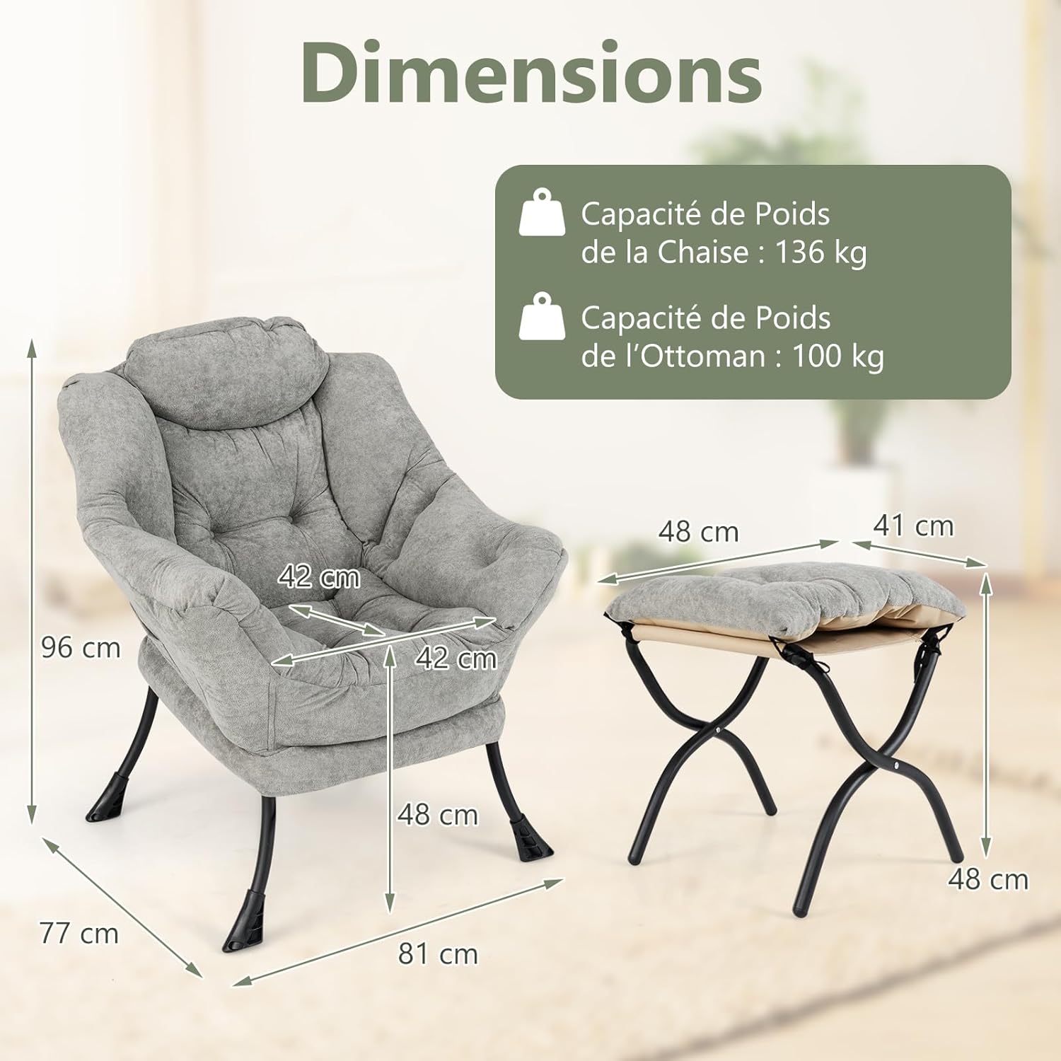 COSTWAY Sedia Da Terra Pieghevole – Poltrona Relax Imbottita Con Schienale E Poggiapiedi Regolabili, Tavolino E Cuscino Inclusi – Perfetta Per Soggiorno E Camera