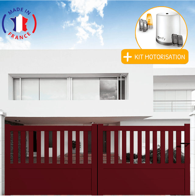 Portail aluminium coulissant semi-ajouré en kit + Motorisation dimensions L.4000 (entre piliers) X H.1300 mm Couleurs Rouge (RAL 3004)