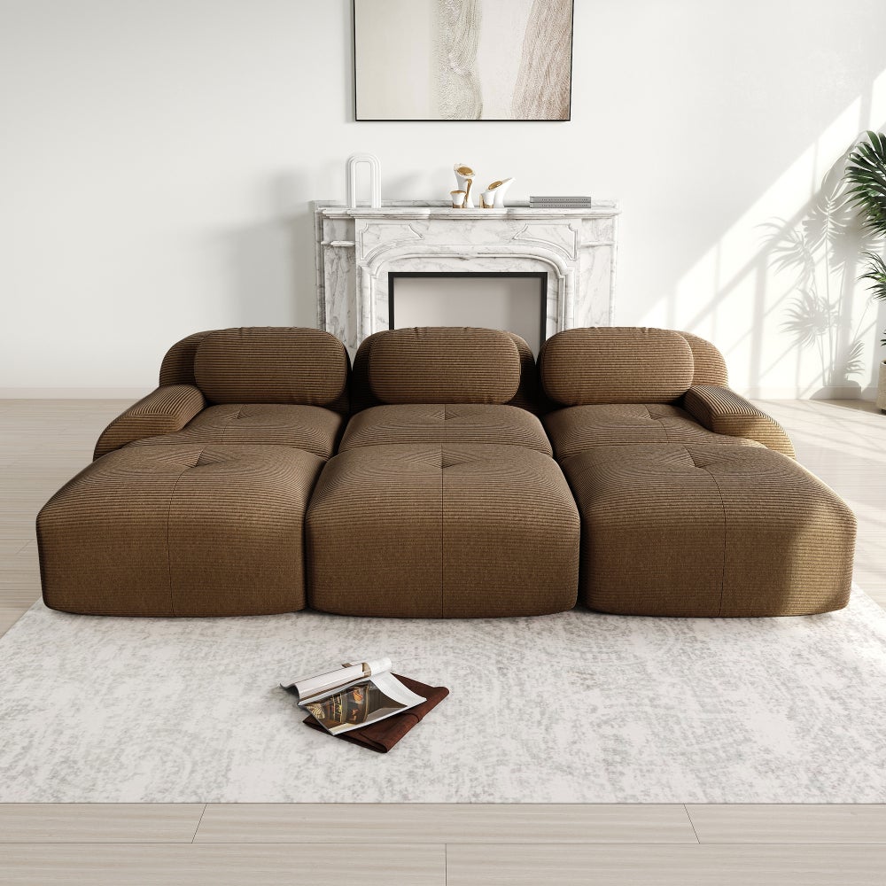 Sofa 3-osobowa modułowa, sztruksowa, z 3 hokerami, nie wymaga montażu, brązowa