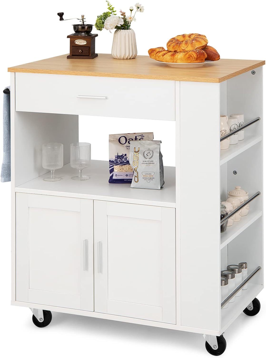 Wózek kuchenny na kółkach, wózek do serwowania z blatem roboczym, uchwytem na ręczniki, 3 półki na przyprawy i szuflady, jadalni, baru (biały)