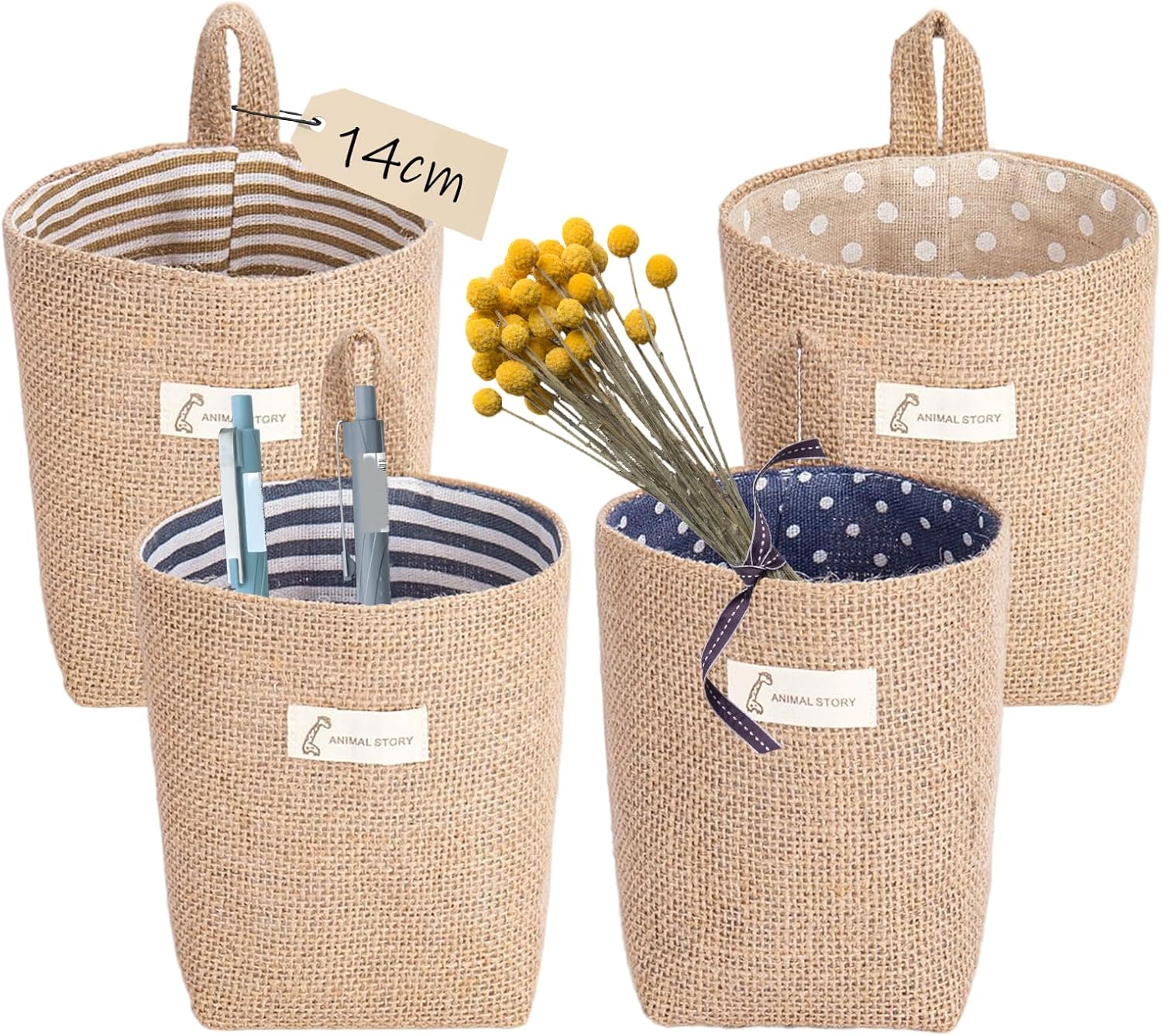 Zestaw 4 małych koszy do przechowywania, bawełniany i lniany kosz do przechowywania, mały kosz wiklinowy, składany, z haczykiem