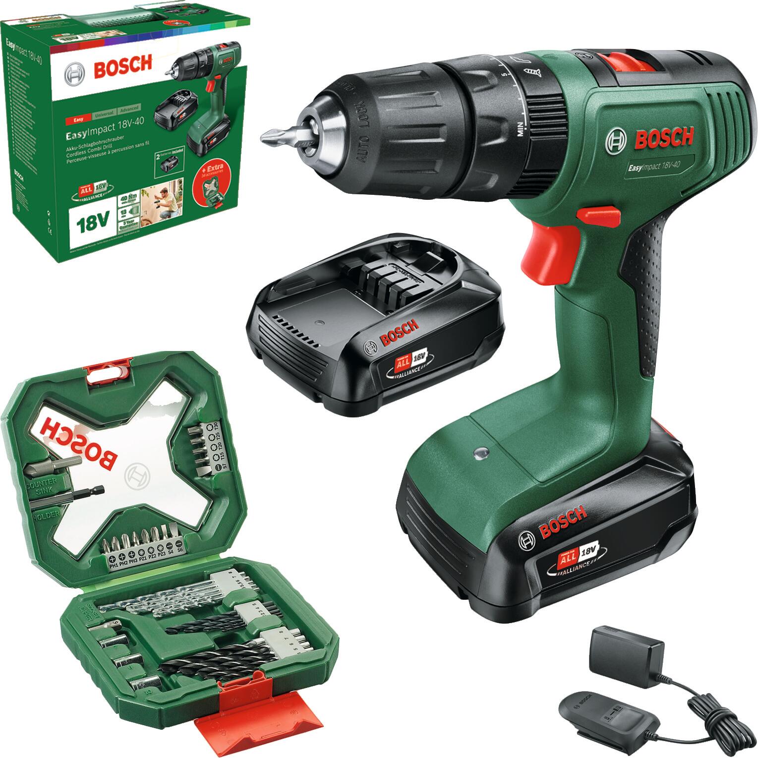 Bosch Trapano,percussione a batteria EasyImpact 18V-40 (2x batteria da 2,0 Ah, sistema 18 volt, set di cacciaviti e punte per legno, pietra e metallo