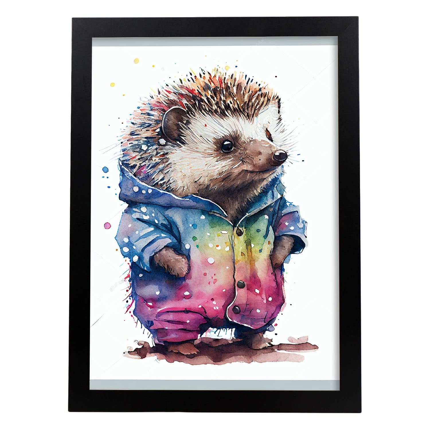 Nacnic poster de erizo (derecha) en estilo acuarela ilustraciones infantiles a todo color de animalitos bebé sobre fondo blanco a3 marco negro