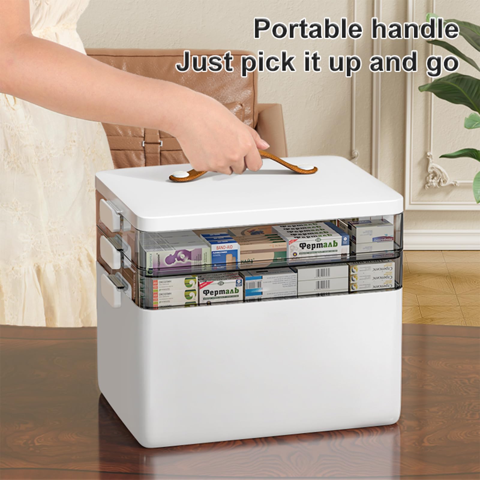 Boîte à pharmacie portable de grande capacité, boîte de rangement avec poignée en cuir, résistante à l'humidité,adaptée à la coiffeuse (trois couches) - 7