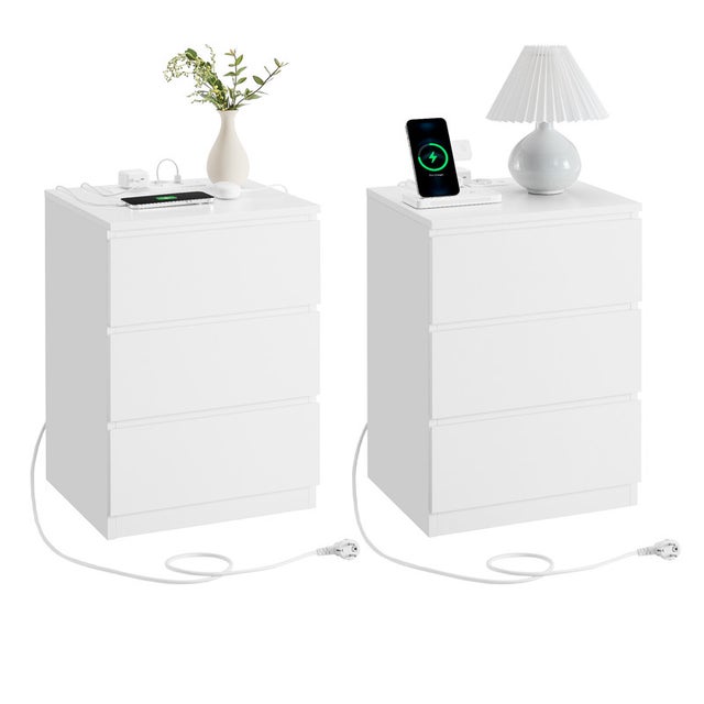 Table de Chevet avec Multiprise, Lot de 2, Table d’Appoint avec 3 Tiroirs, 2 Prises CA, 2 Ports USB, Blanc Nuage