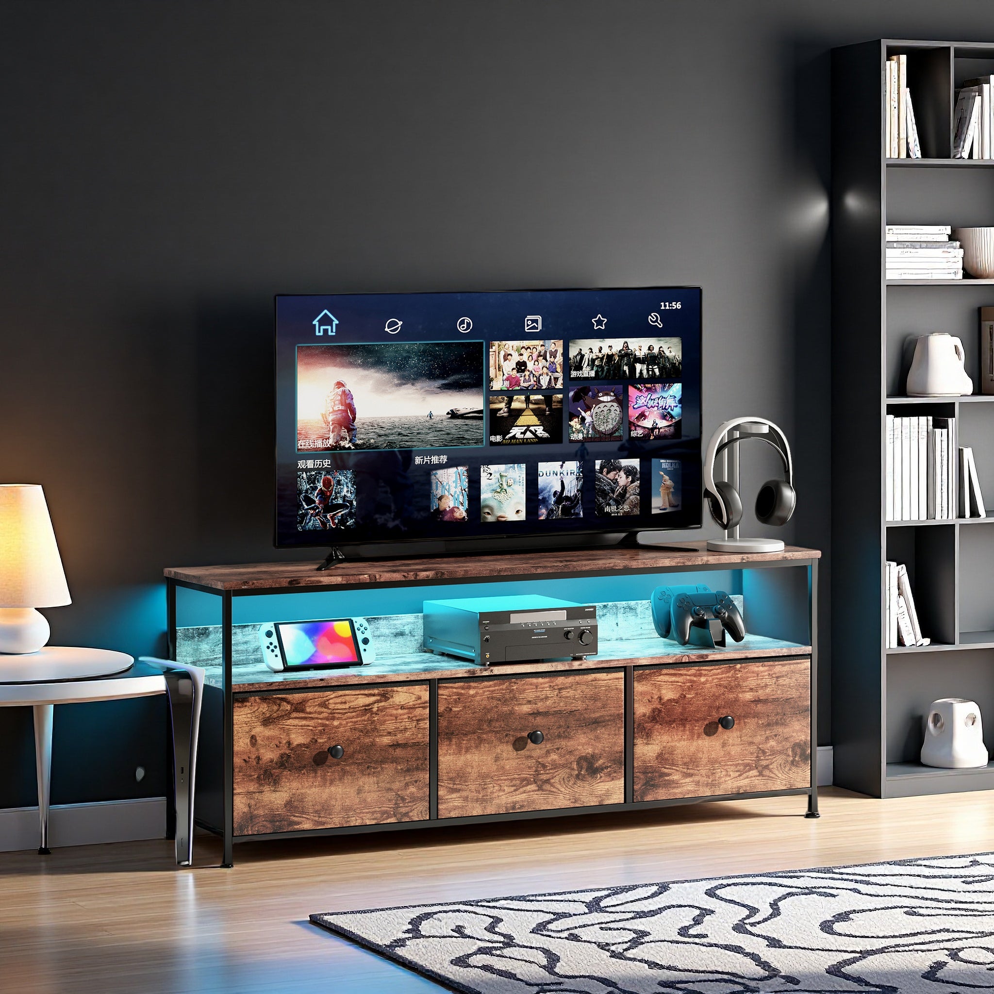 Meuble TV de 108 cm avec éclairage LED, équipé de 3 tiroirs et d'une étagère ouverte, pour le salon ou la chambre, couleur marron - 2