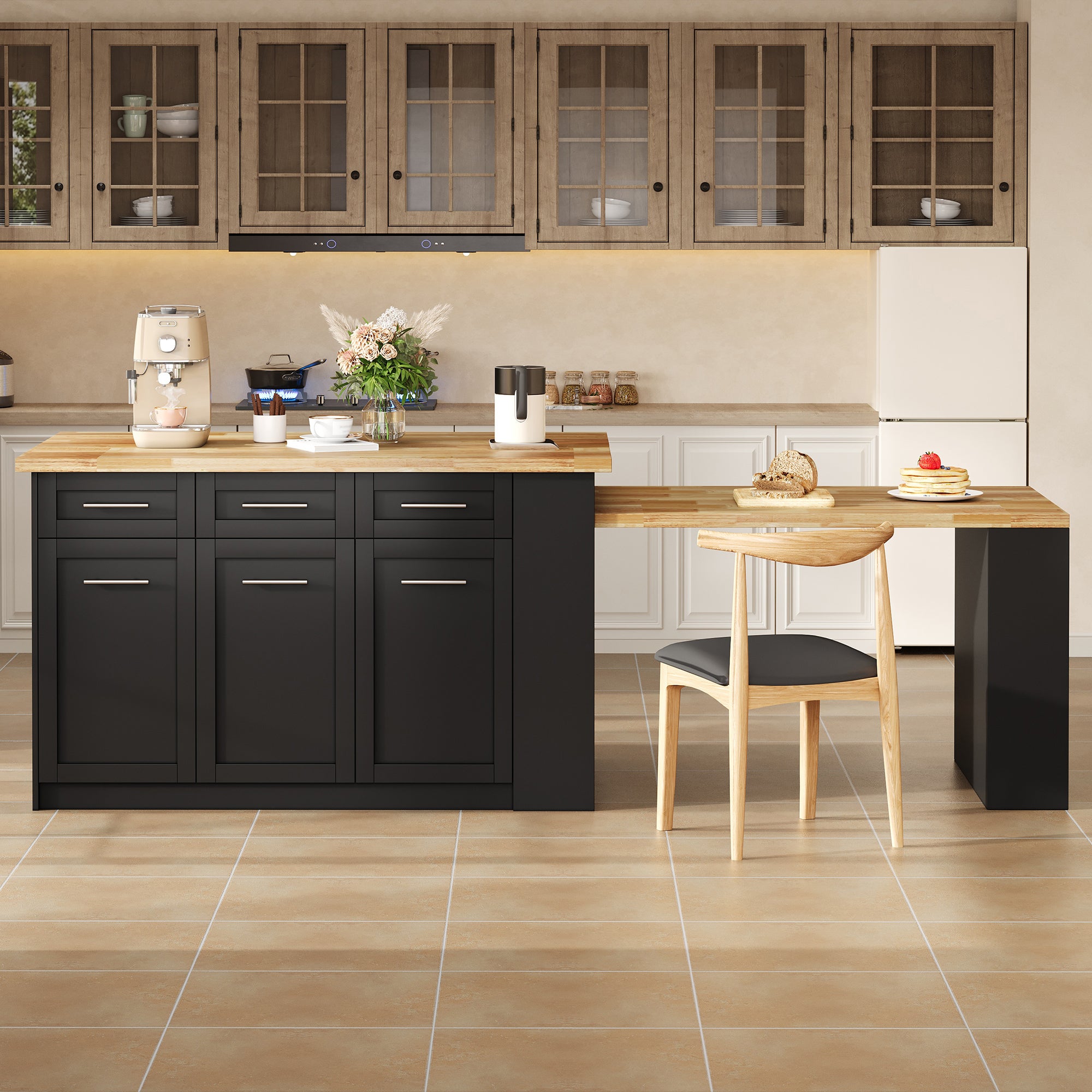 Wyspa kuchenna 150x90x90cm - z wysuwanym stołem jadalnym - faktura drewna - z dużą przestrzenią do przechowywania - Czarny + Naturalny