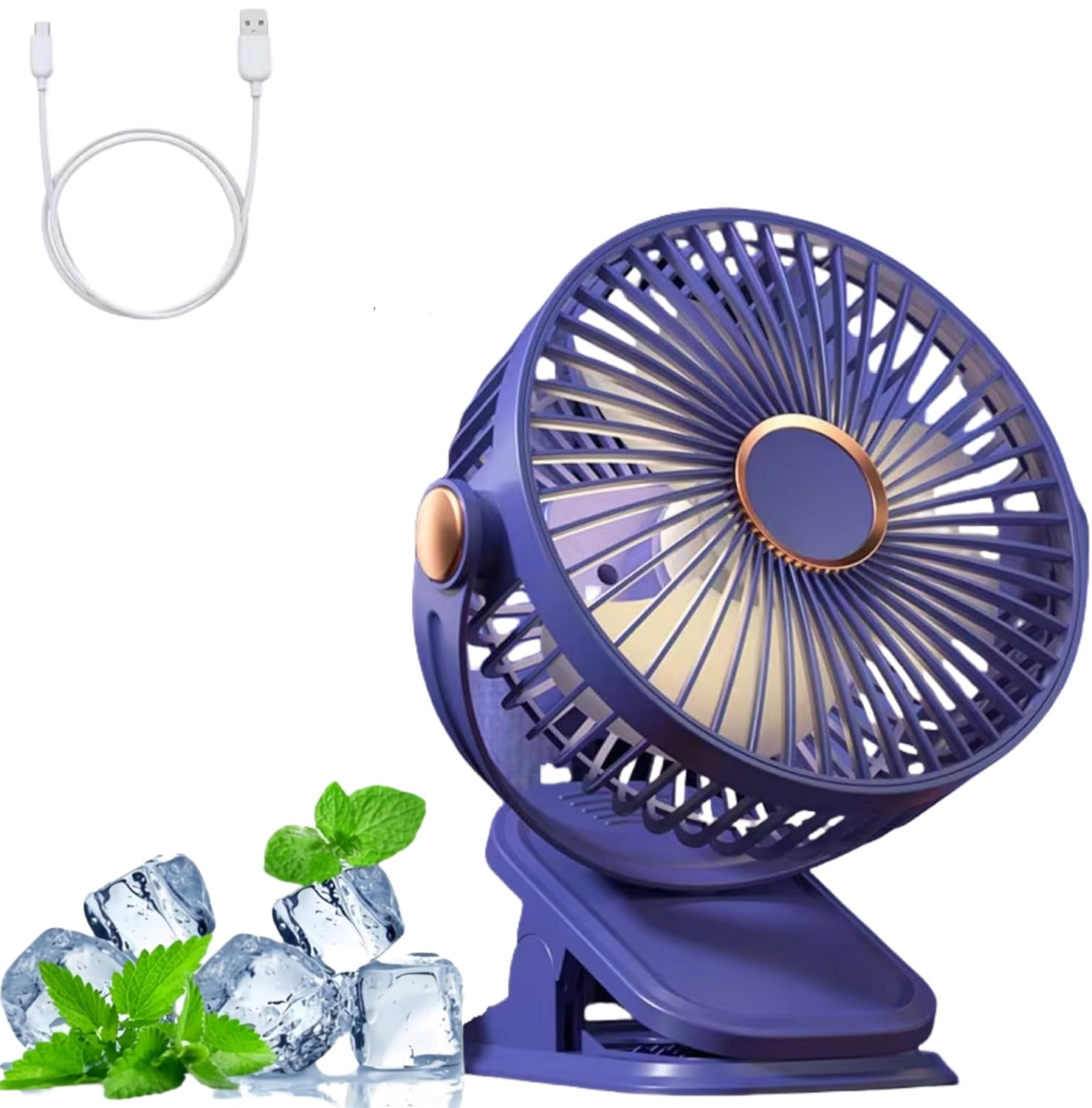 Przenośny wentylator kempingowy z klipsem, 5 prędkości, port USB, lampka nocna, niebieski, 1200 Ah
