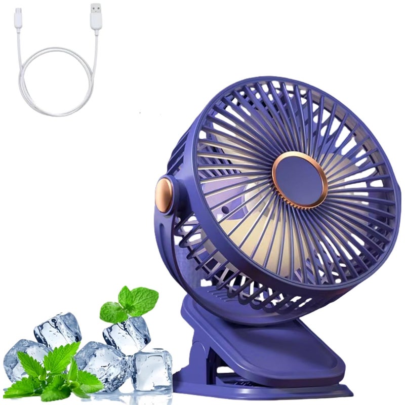 Przenośny wentylator kempingowy z klipsem, 5 prędkości, port USB, lampka nocna, niebieski, 1200 Ah