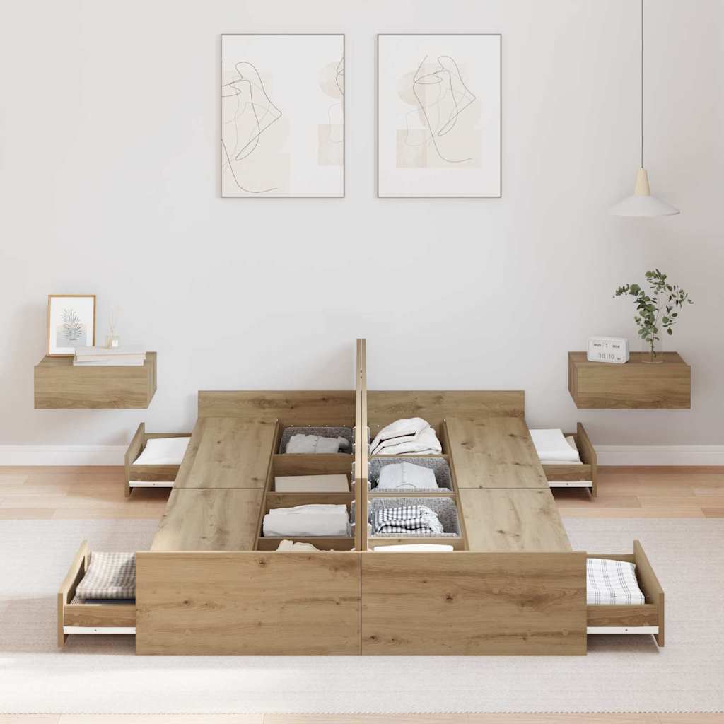 Cadre de lit avec rangement, chêne artisanal, pour la chambre, 120 × 190 cm - 3