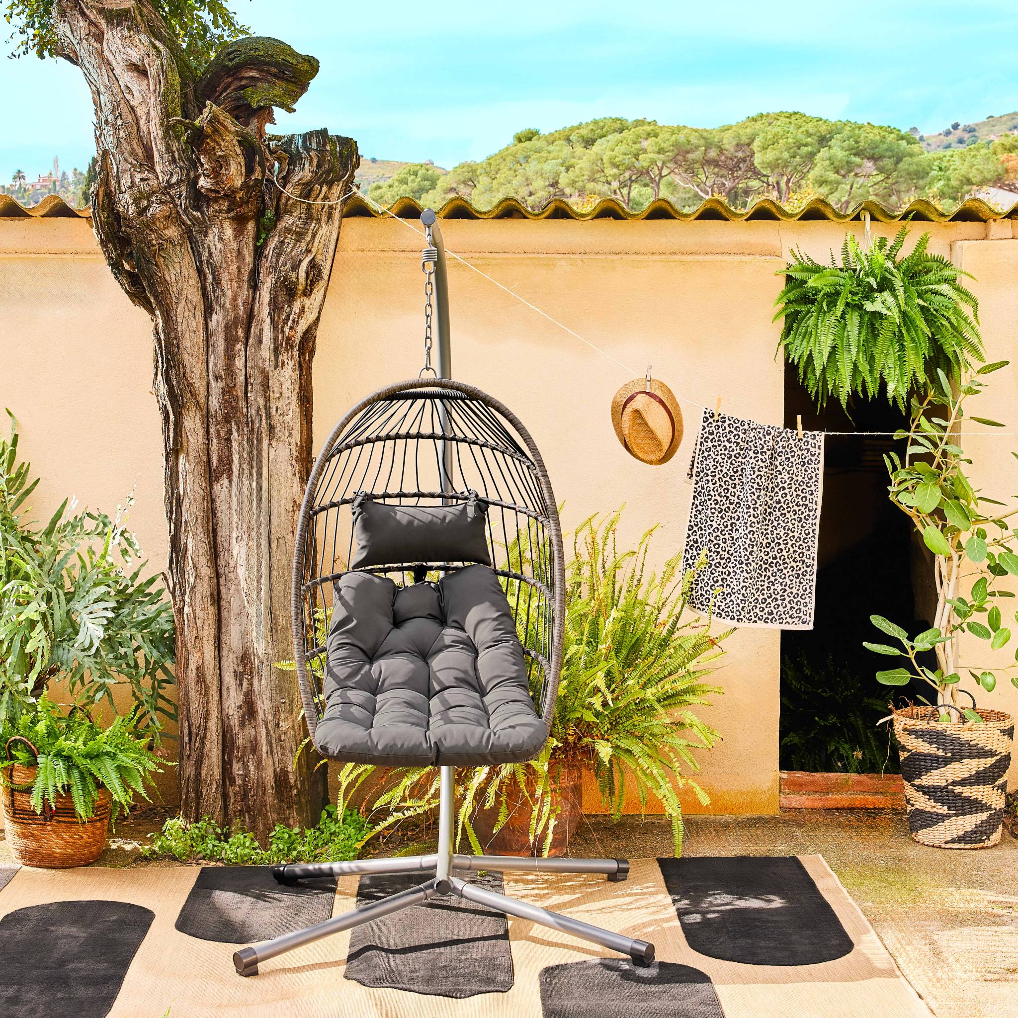 Fauteuil œuf suspendu anthracite TOSCANA acier. osier. polyester. 105 x 105 x 196 cm TOSCANA - 3