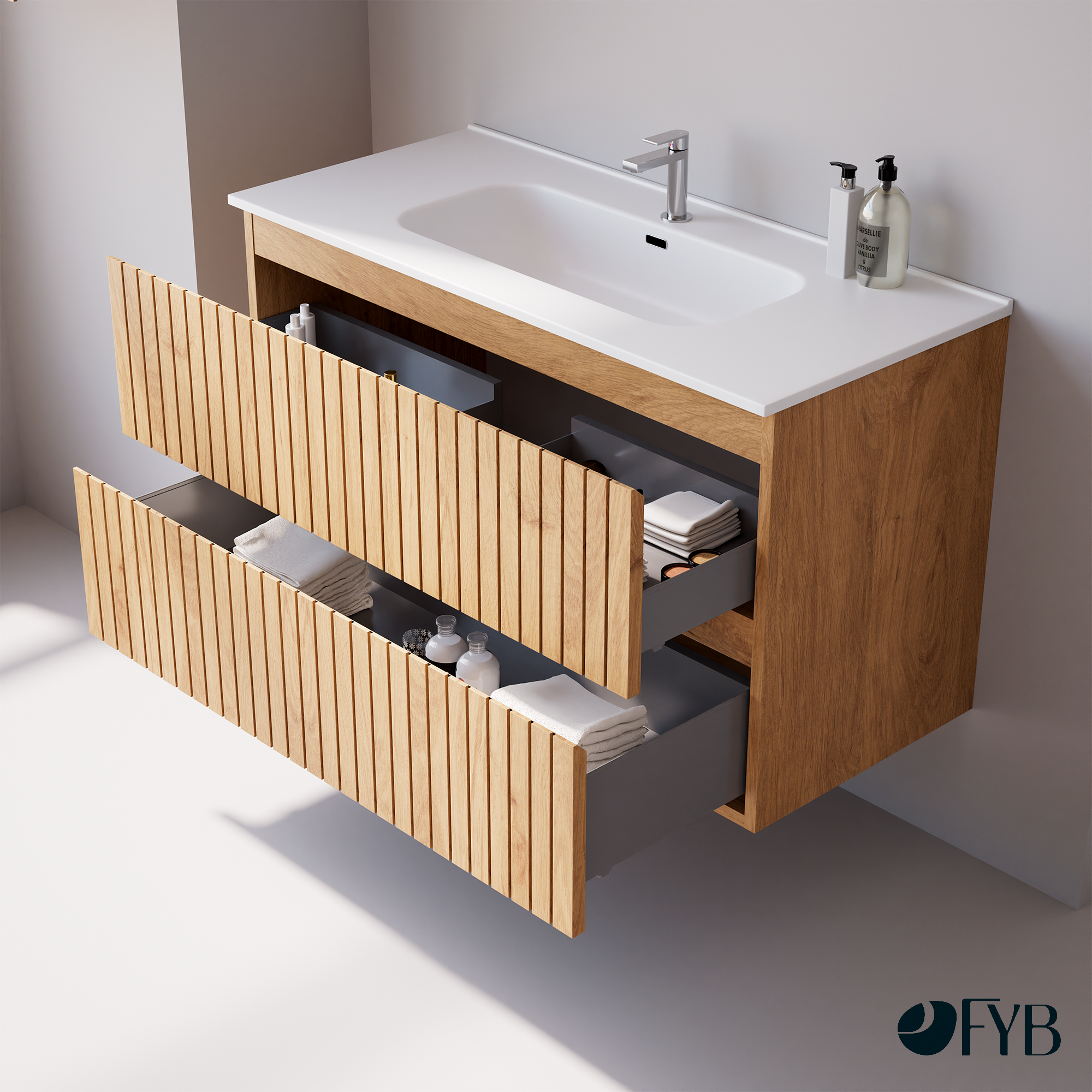Feel Your Bath, Mueble Suspendido 60 cm, Color Roble Nórdico con 2 Cajones Soft Close y Encimera de Cerámica Blanca Integrada – Serie TIGER - 2