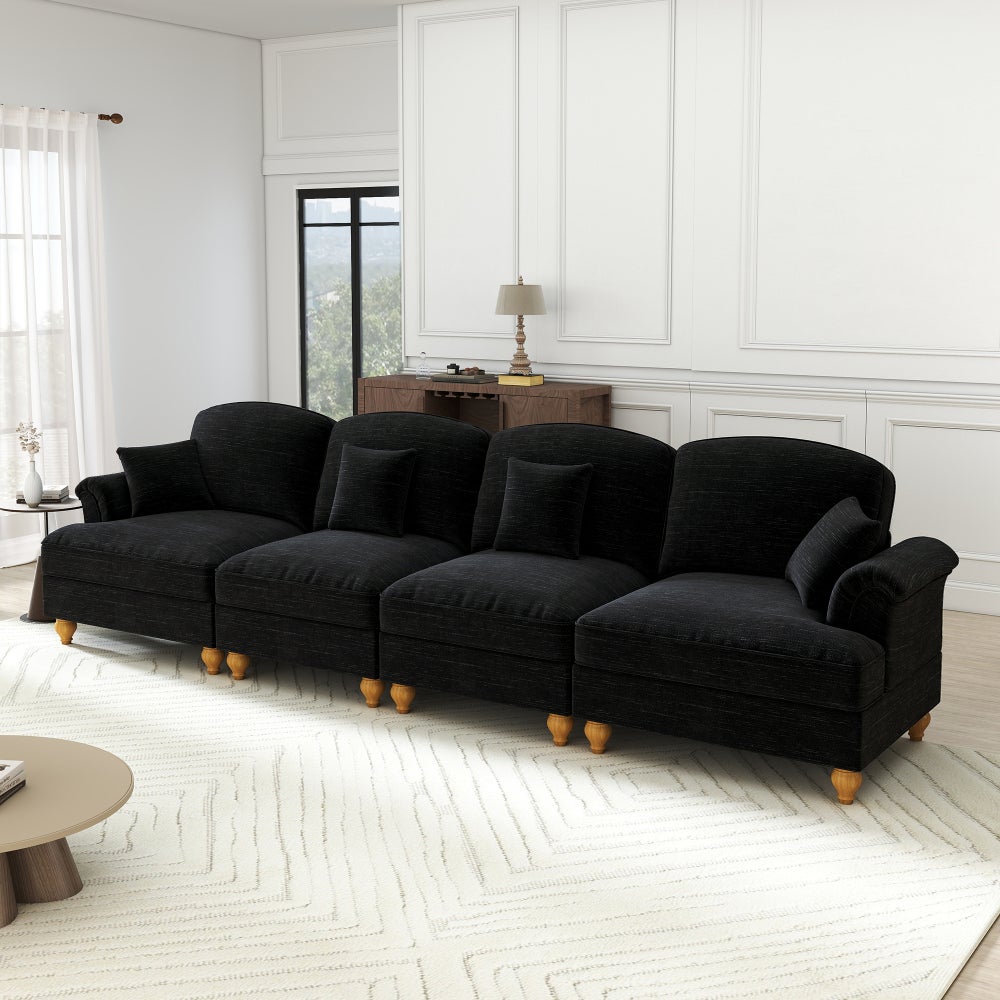 Sofa z połowy XX wieku, 4-osobowa, duża, szenilowa, wygodna, czarna