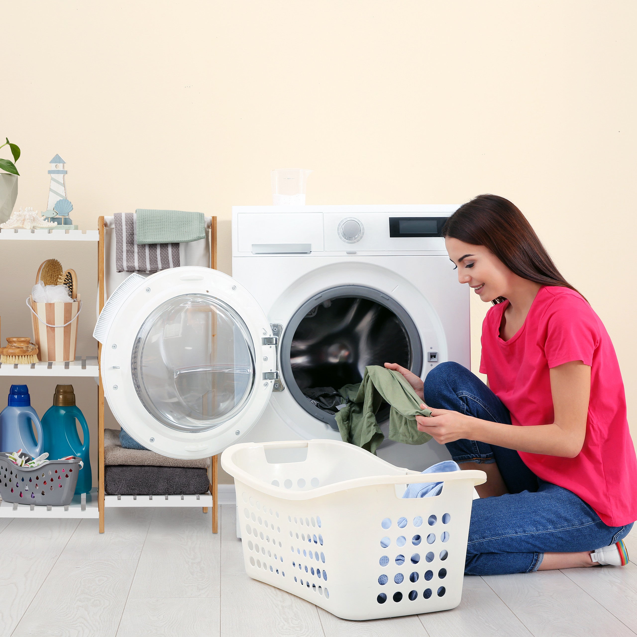 étagère de salle de bain avec panier à linge, autonome, Bambou et MDF, 76x65,5x33 cm, naturel/blanc, Relaxdays - 3