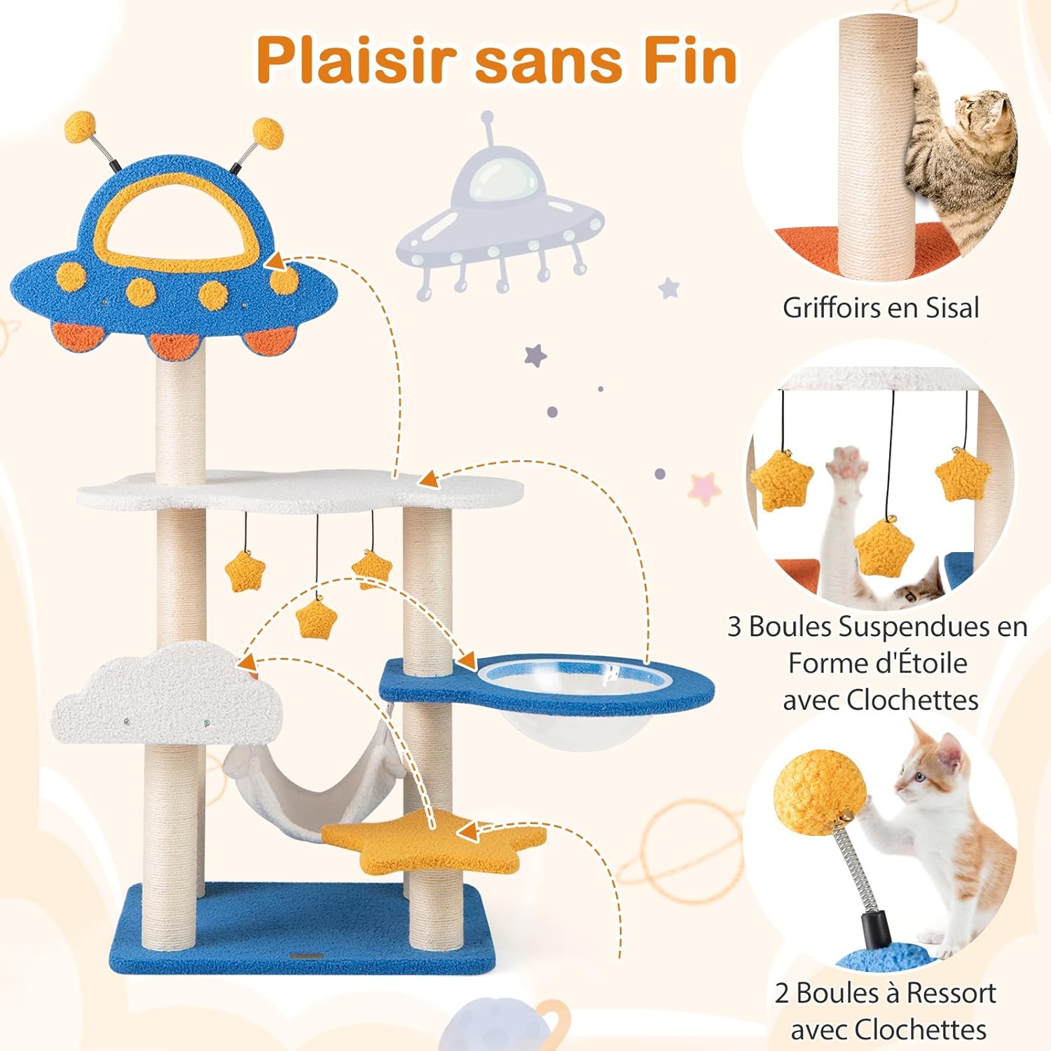 Tiragraffi per Gatti a Tema Spaziale, Albero per Gatti con Piattaforma a UFO e Pali in Sisal, Torre per Animali Domestici Interno (58 x 45 x 1 - 8