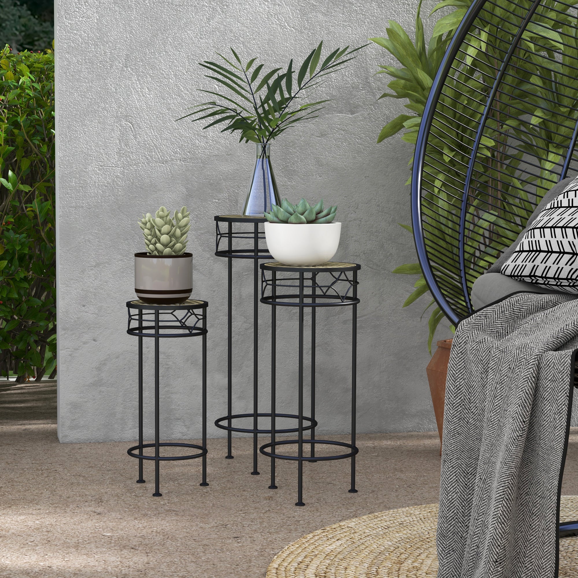 Lot de 3 supports pot de fleurs supports pour plantes ronds étagère à fleurs empilables - plateaux aspect rotin - 3