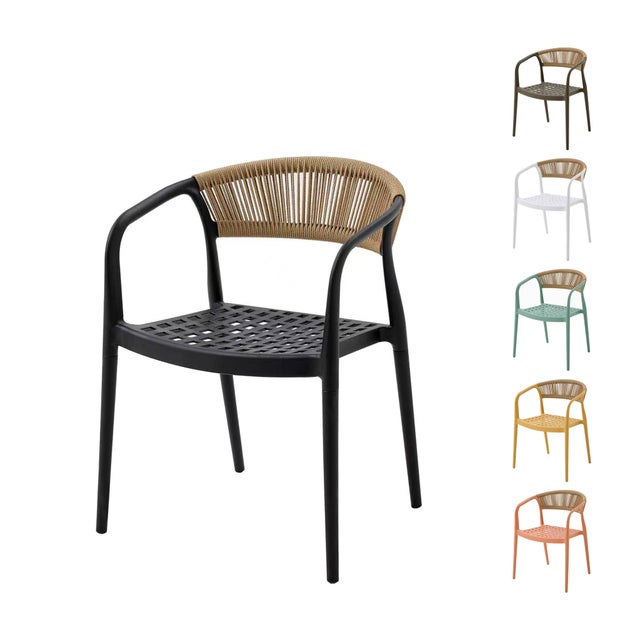 Silla de jardín Solaro PP resistente a los UV & respaldo de cuerda trenzada a mano Negra Set de 6