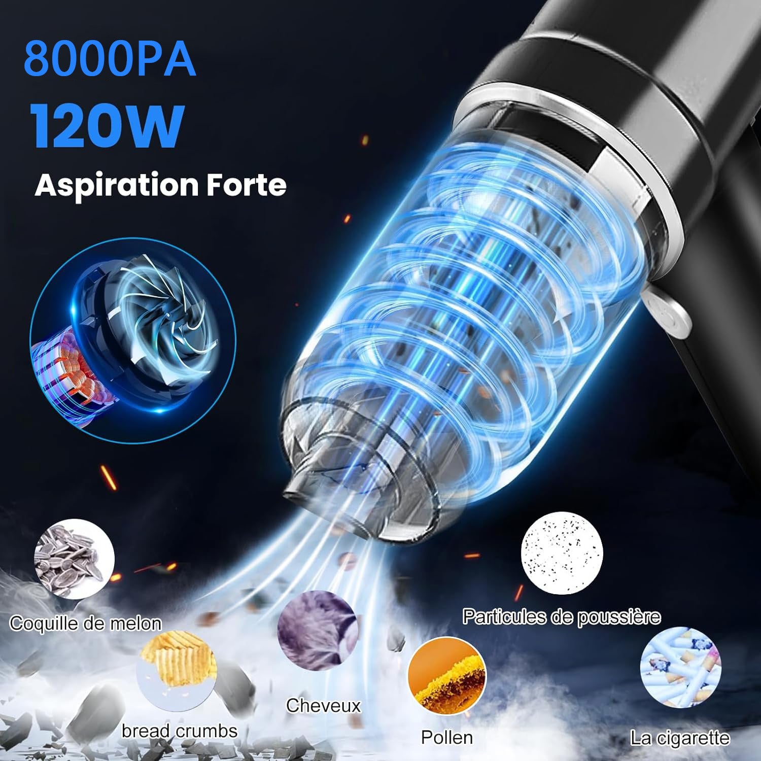 Aspirateur à main sans fil, aspirateur de voiture à aspiration 8000pa, aspirateur portable 120W, avec 5 accessoires et câble de chargement - 3