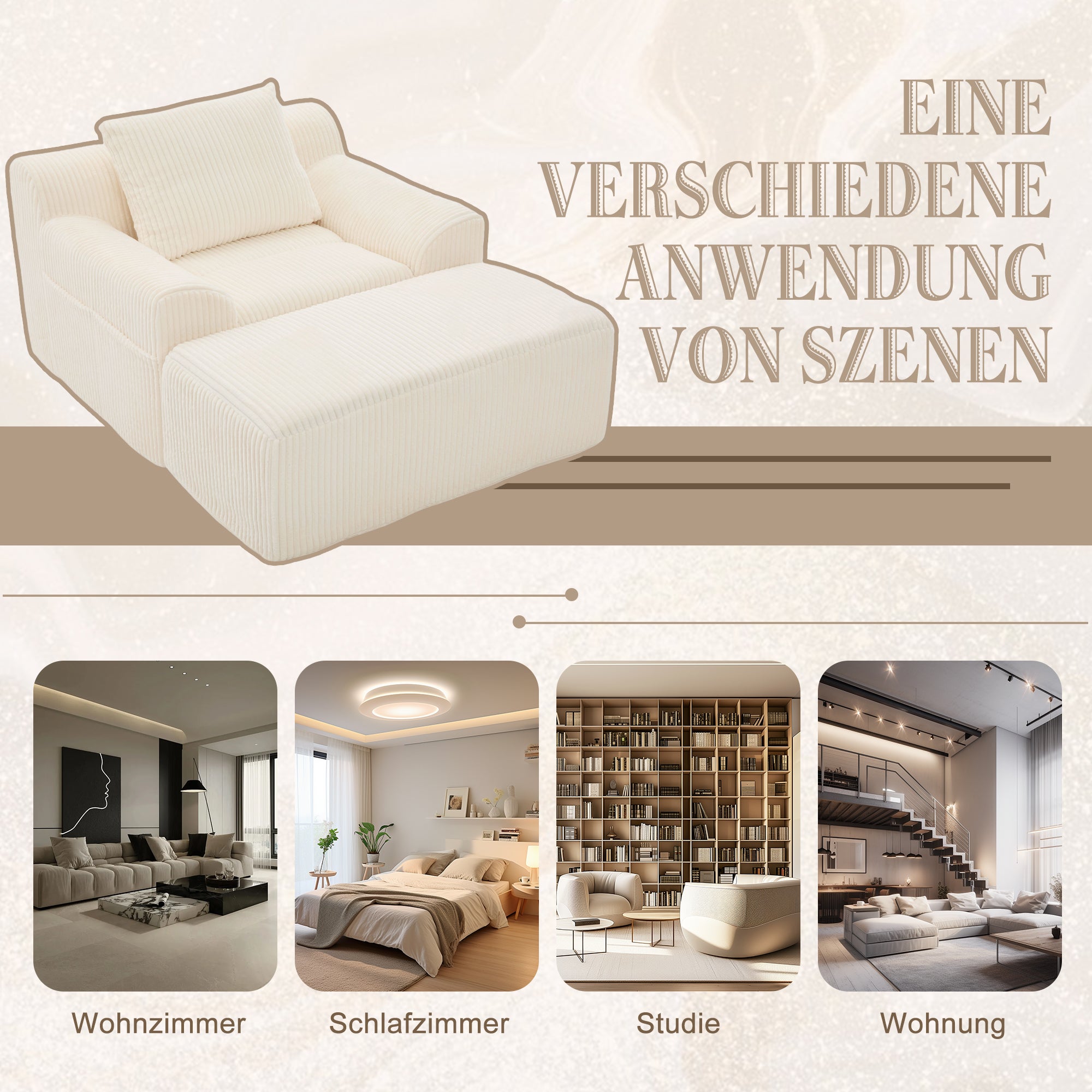 Extra großer Einzel-Cord-Sessel mit Fußstütze, Seitentaschen und Kissen; einzeln verpackter, rahmenloser Sessel mit weicher Polsterung;