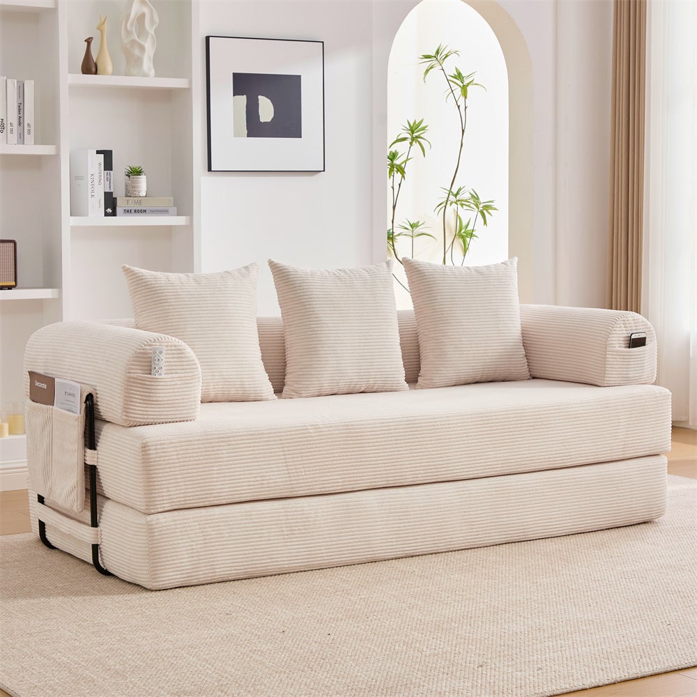 DRIPEX Canapé compressé 4-en-1 Pliable,Canapé modulable 3 places avec structure métallique,poches latérales et 3 coussins,Beige - 2