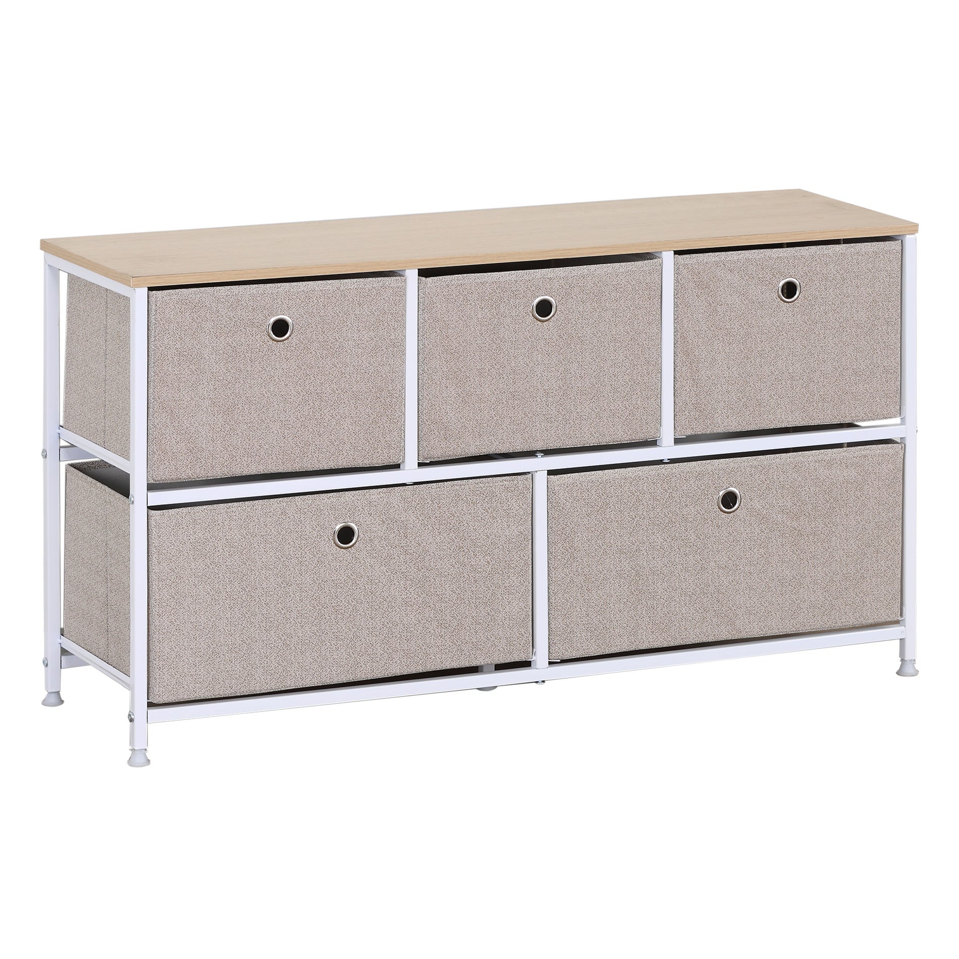 Meuble de rangement bas Rebecca Mobili Chiffonier à 5 tiroirs en metal et tissu blanc beige - 2