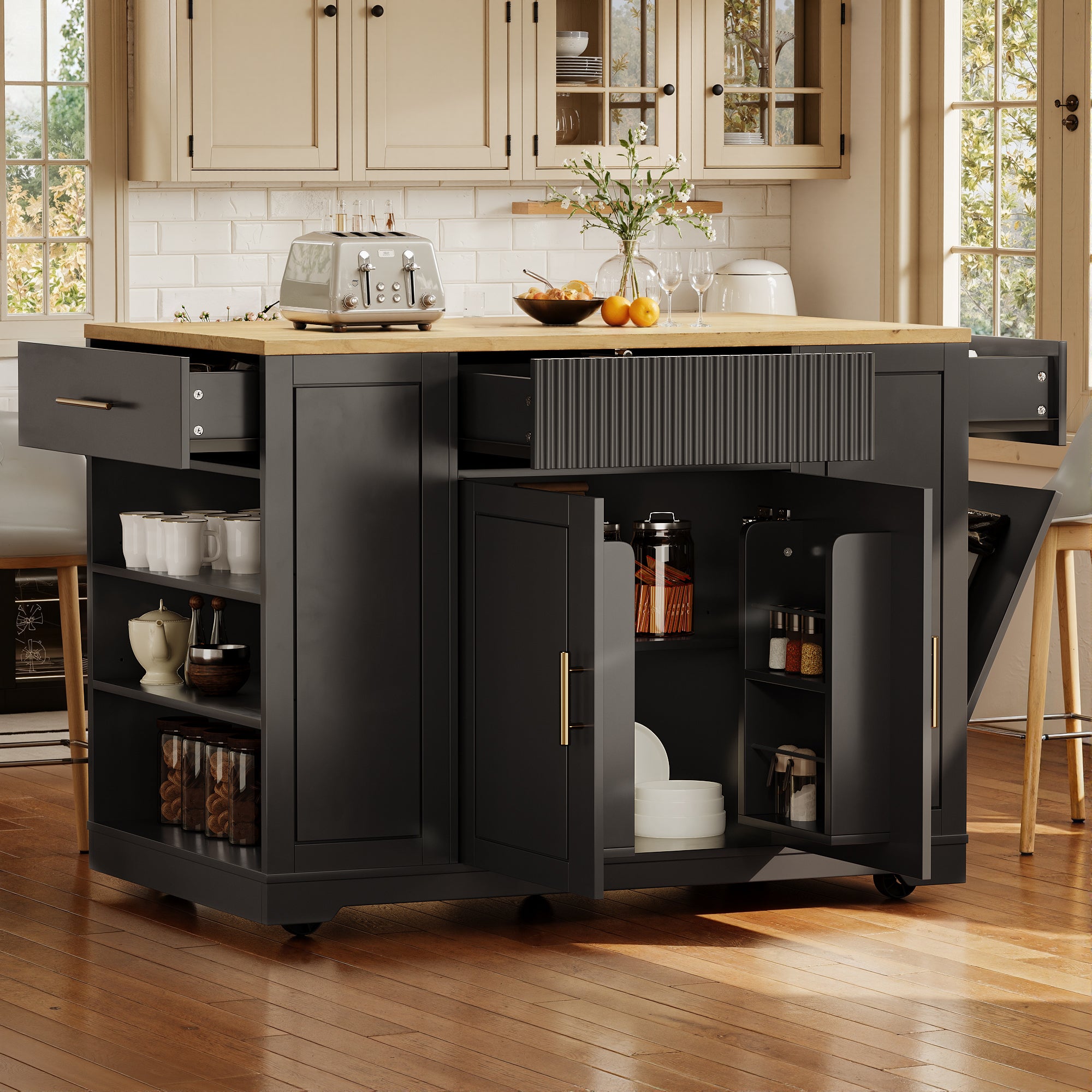 Îlot central de cuisine mobile avec 2 portes, 3 tiroirs et compartiment poubelle - 120 x 50 x 92 cm - MDF + Métal - Noir - 2