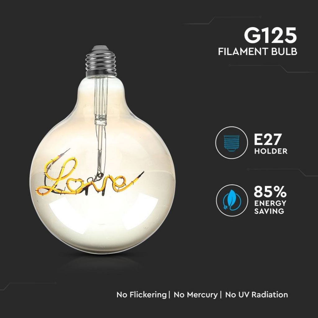 Lampadina LED E27 5W G125 Filamento Ambrato Scritta Love 2200K - 2