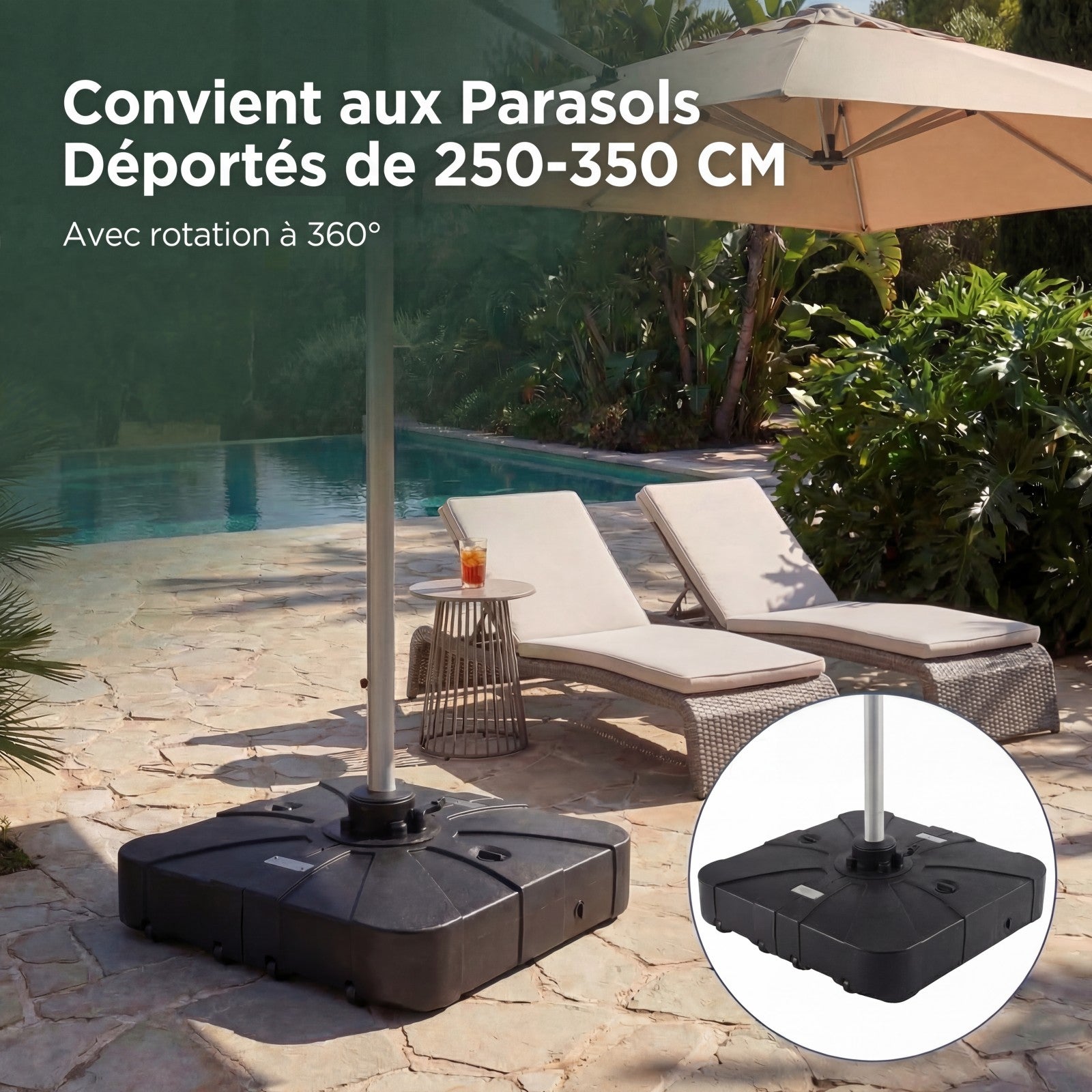Pied de Parasol Déporté avec roulettes, Base de Parasol en HDPE Portable, Remplissable Eau & Sable 170 KG pour Jardin Terrasse Patio, Noir 88x88x20cm - 5