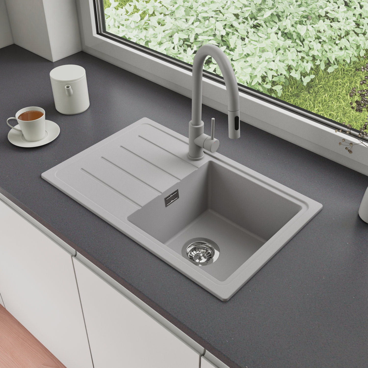 Zlewozmywak Granitowy 70x44cm, do szafki od 45cm + Bateria + Syfon - Ametyst Szary STONESTYLE