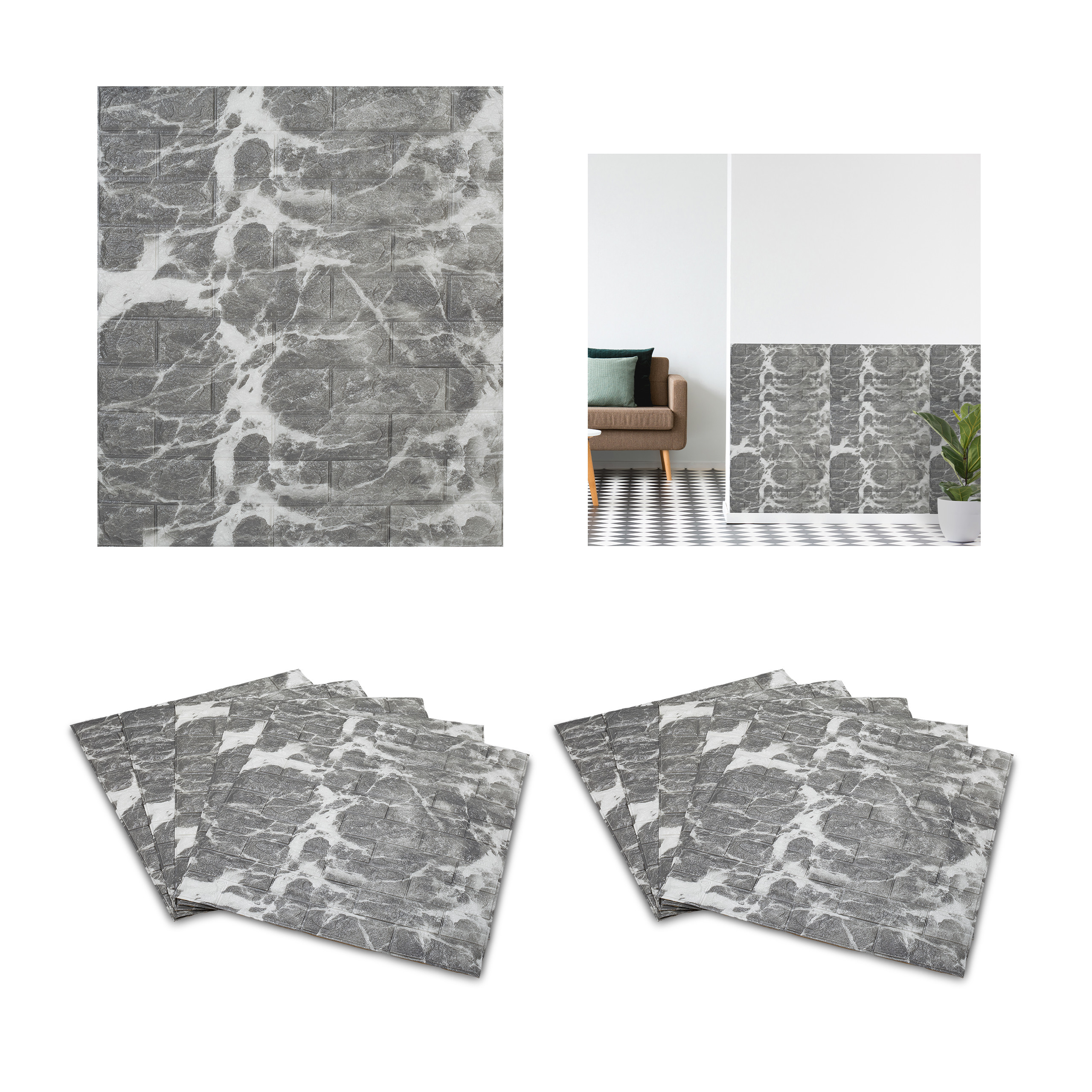 Relaxdays paneles pared set 10 diseño mármol, autoadhesivos, para cortar a medida, efecto 3d, 77x69 cm, color gris