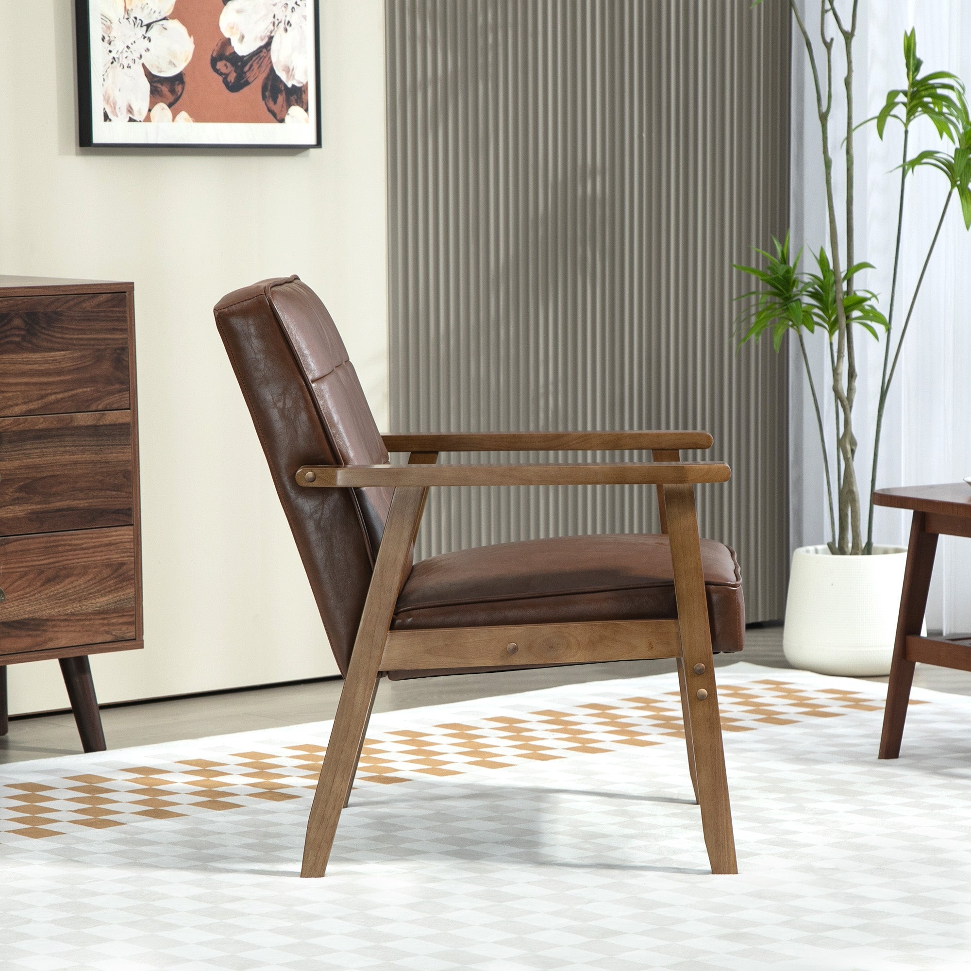 Fauteuil de salon, fauteuil de chambre en cuir synthétique, dossier capitonné, pieds en bois massif, 64x73x81cm, marron - COMFORTXL - 9