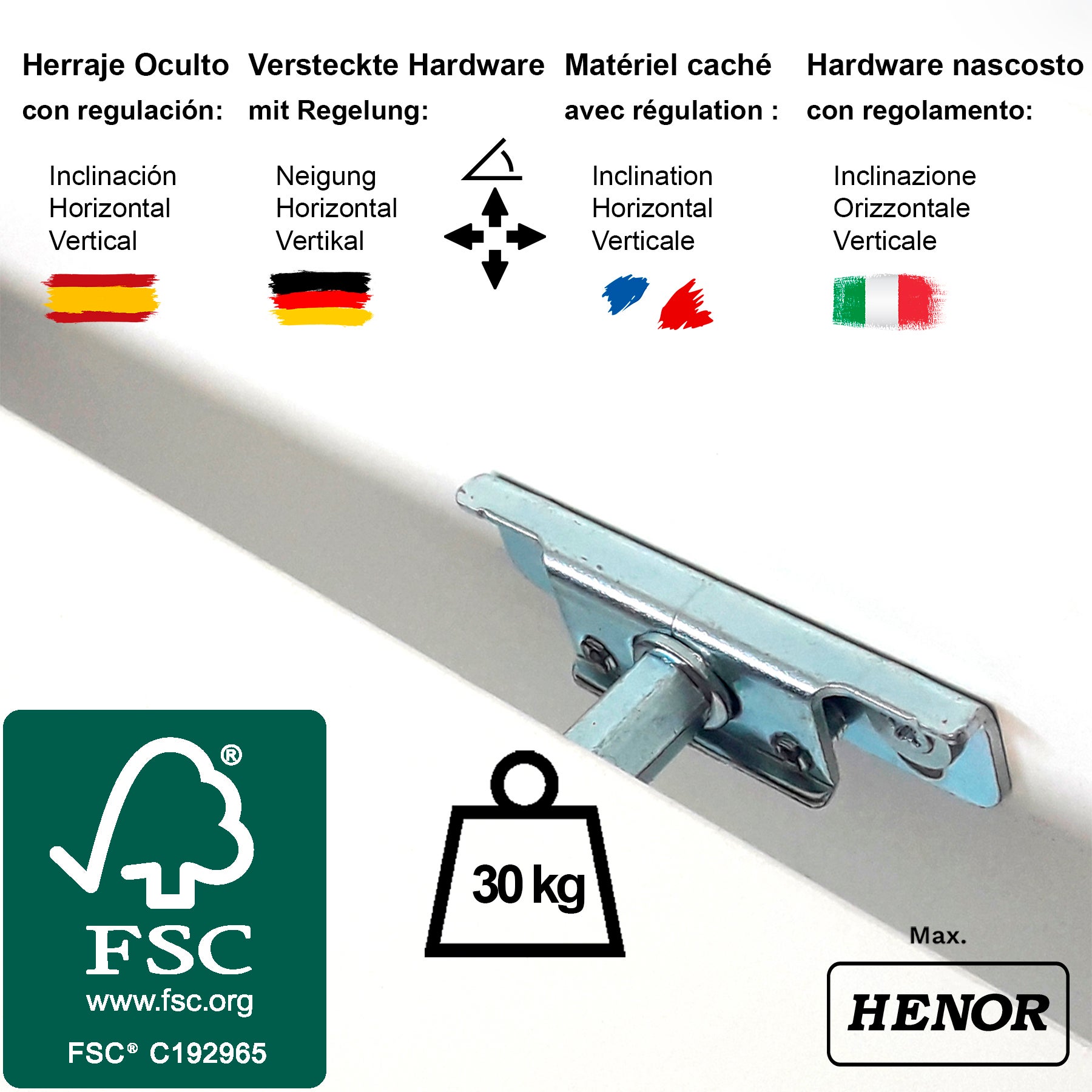 Henor Étagère murale en Bois 90 x 15 x 2.5 cm Support caché. Réglable horizontalement. Vertical et inclinaison. Charge max. 30kg Blanc - 4