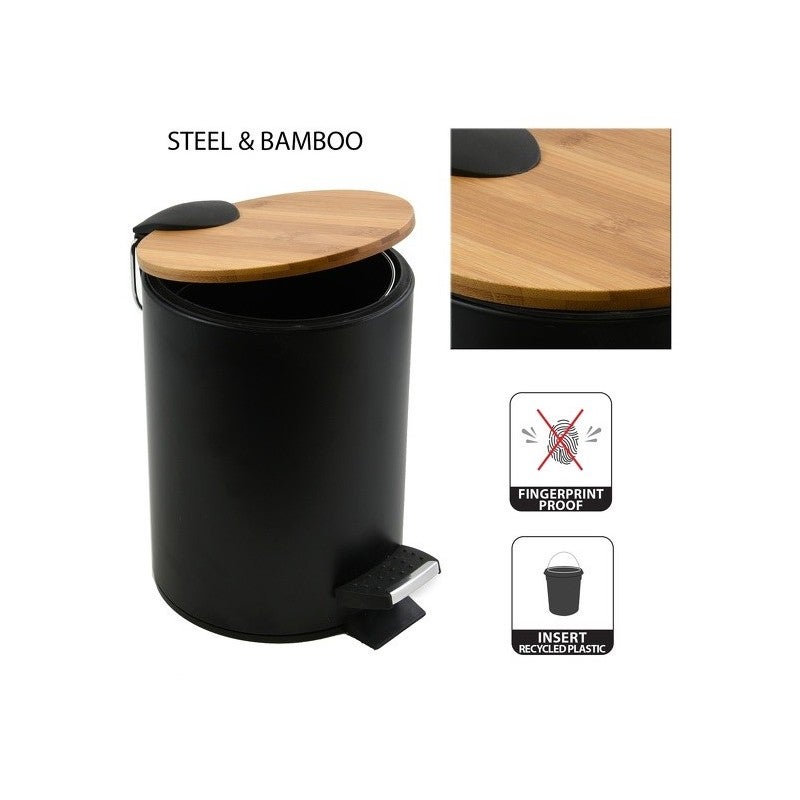 Poubelle à pédale Acier & Bambou ADONIS 5L Noir Spirella - 4