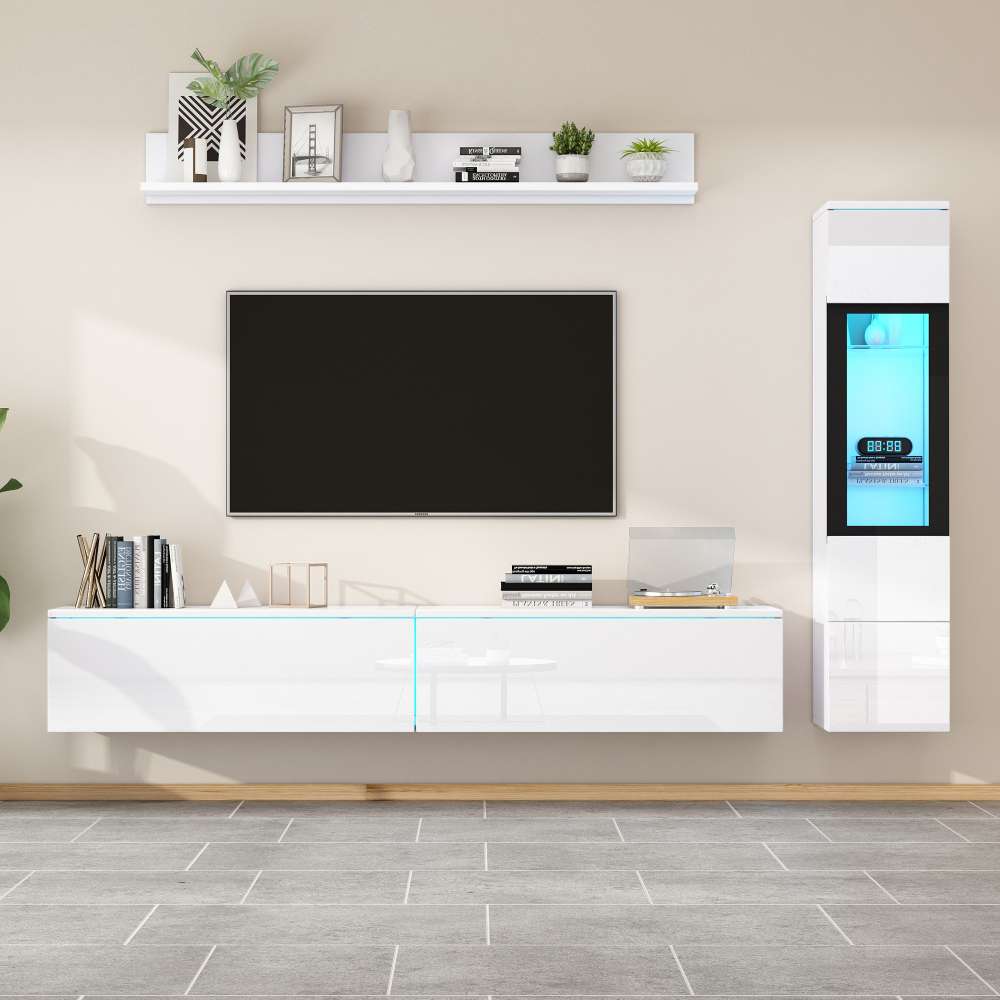 3-częściowa ściana ścienna pod TV z oświetleniem LED, przeszklonymi szafkami i niską, błyszczącą białą szafką do stylowego, nowoczesnego salonu
