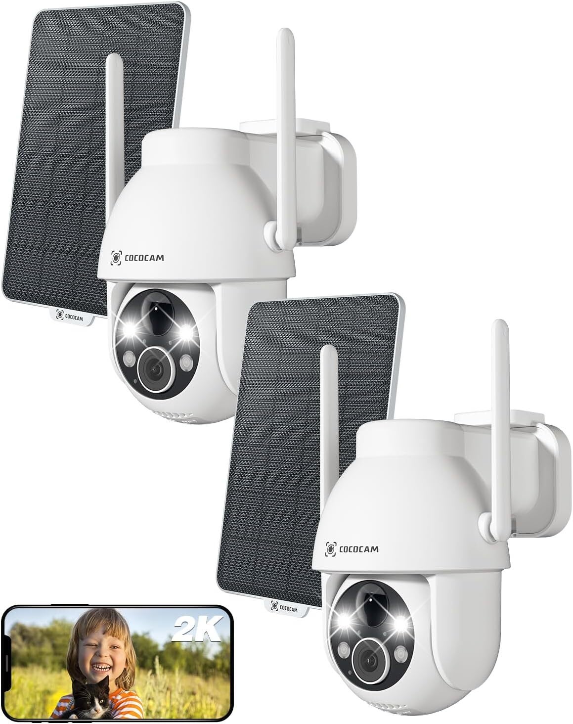 COCOCAM 2K Kamera do monitoringu WiFi 2.4GHz bezprzewodowa na zewnątrz, kamera solarna z detekcją ludzi AI, kolorowe widzenie nocne, zestaw 2 szt.