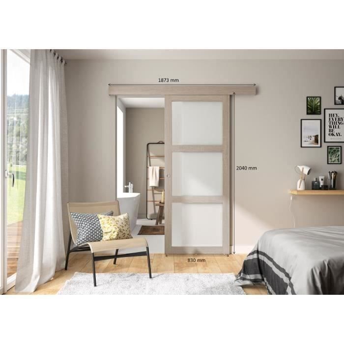 Kit porte coulissante 3 carreaux Vérone décor chêne taupe + rail 2 amortisseurs + cache rail décor assorti - H 204 cm x L 83 cm - 7