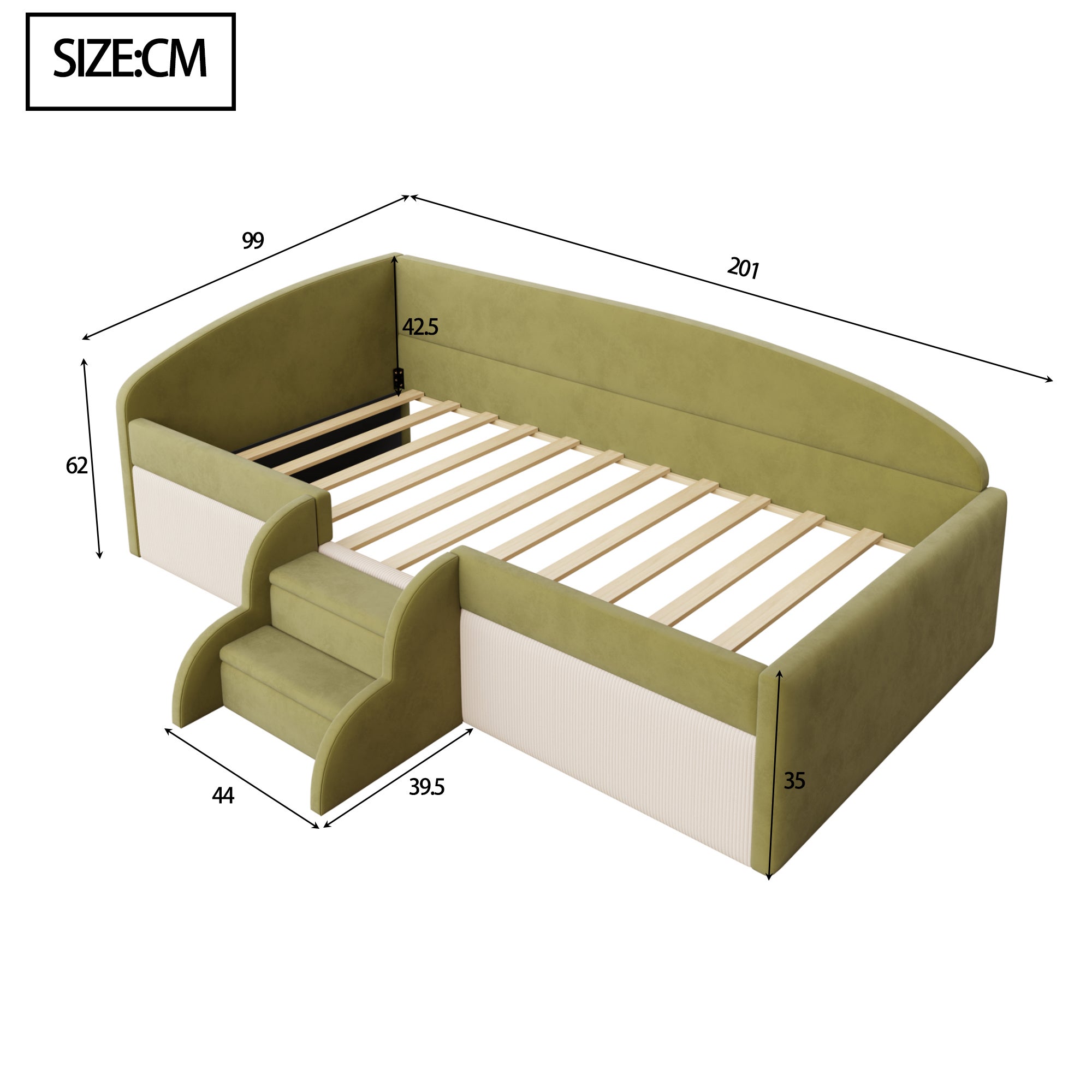 Divano letto 90x190 cm velluto verde beige con poggiapiedi e braccioli - 4