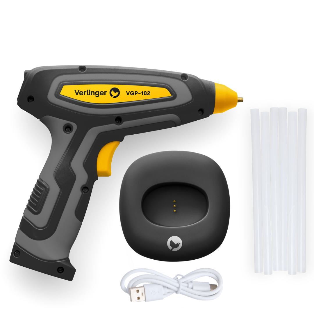 Automatyczny pistolet do kleju Verlinger VGC-1 bezprzewodowy + stacja ładująca, kabel USB C + 6 wkładów kleju, bateria 4000 mAh, 17 x 17 x 3,5 cm