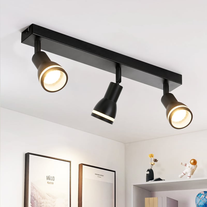Nettlife Reflektorowa sufitowy 3-punktowy GU10, metalowy, regulowany, czarny, Nowoczesna lampa do sypialni