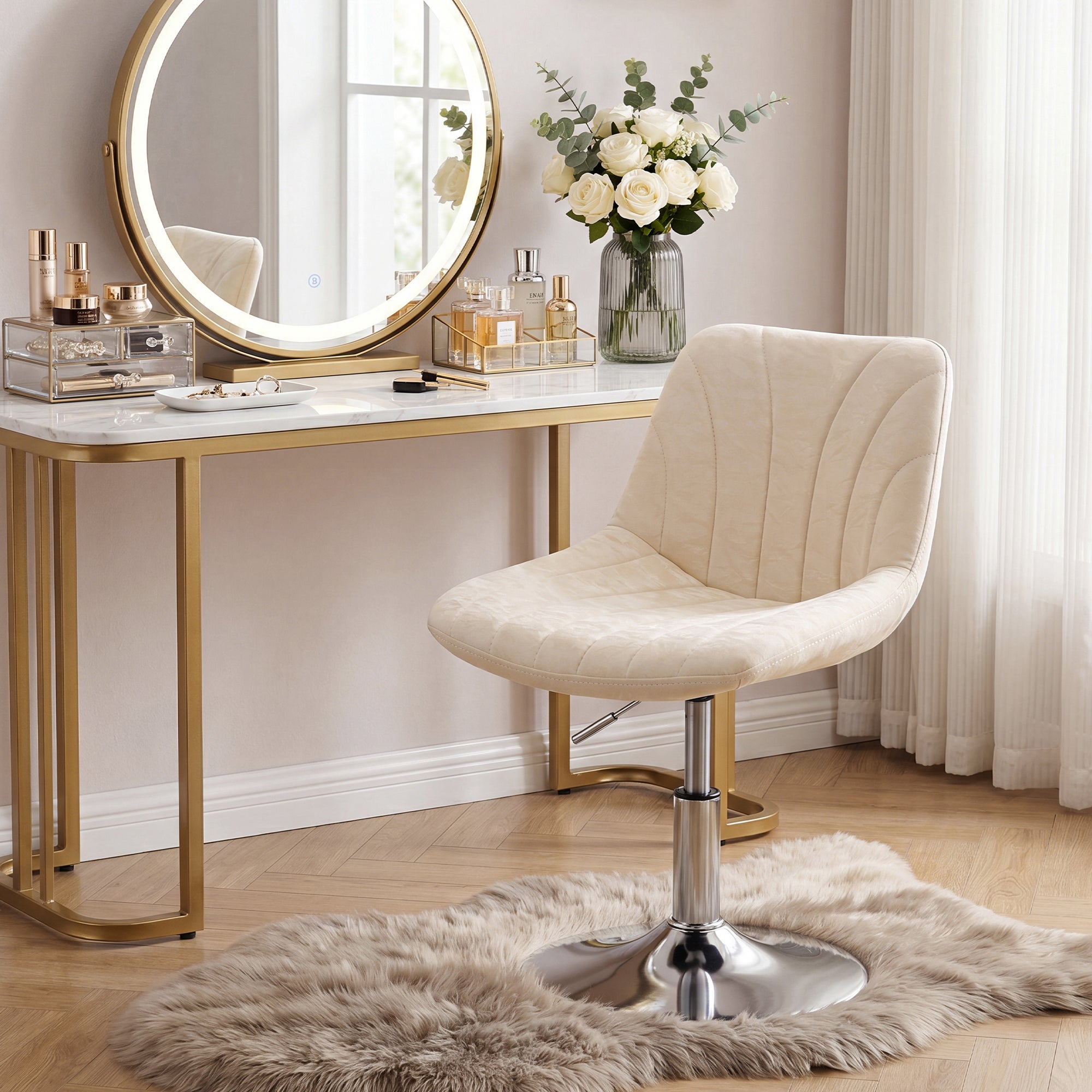 Tabouret Coiffeuse avec Dossier, Chaise Ergonomique Réglable, Cuir PU, 43 x 46,5 x 65,5-77,5 cm, Blanc - 3