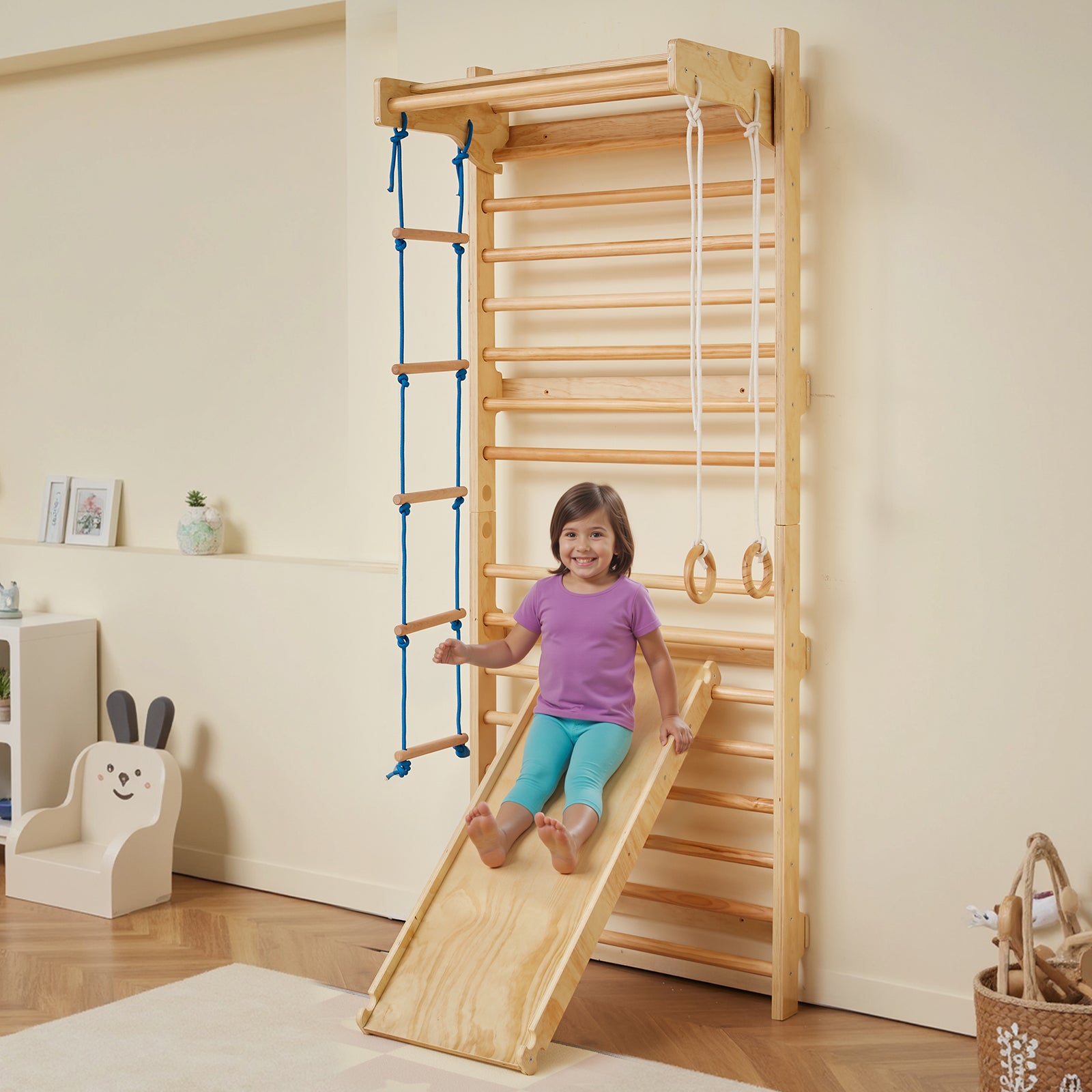 Échelle Murale Suédoise 5 en 1,VEVOR Jouets Escalade,Capacité 220 lb,Barre Traction,Anneaux Gymnastique,Échelle Corde,Planche Coulissante - 8