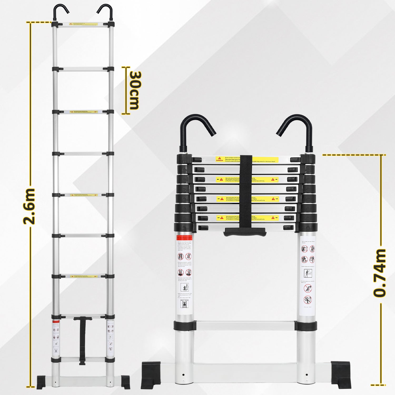 Scala telescopica Premium 2,6 m argentata con stabilizzatore e ganci Stabile - 2