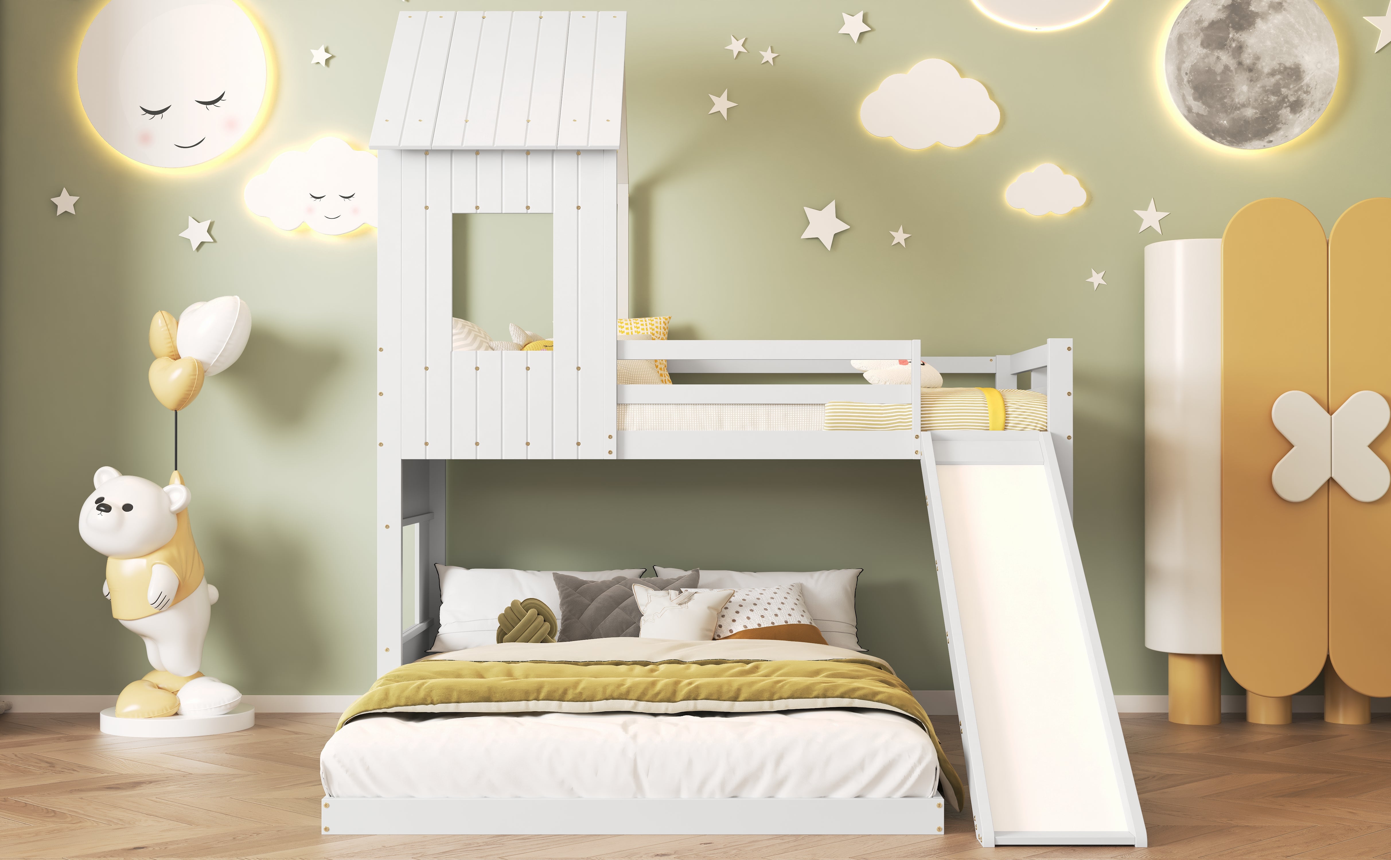 Lit superposé 140(90)x200 cm,3 places, lit maison avec Fenêtre, lit enfant avec toit et toboggan, 2 sommiers à lattes, pin + MDF, blanc - 8