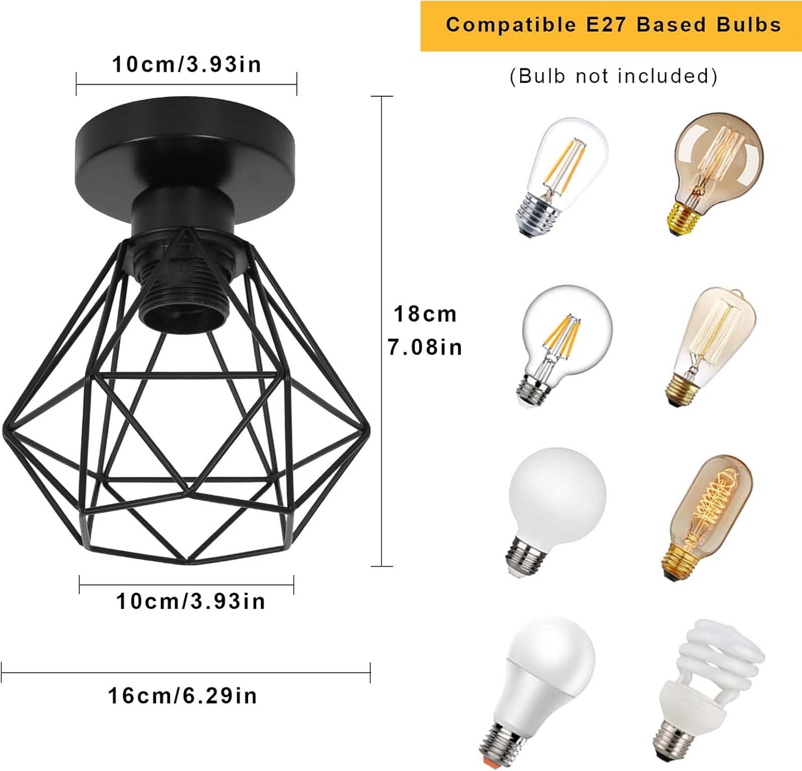 GOECO Plafonnier industriel E27 noir, luminaire plafond cage métal, lampe plafond vintage sans ampoule pour cuisine salon bar - 3