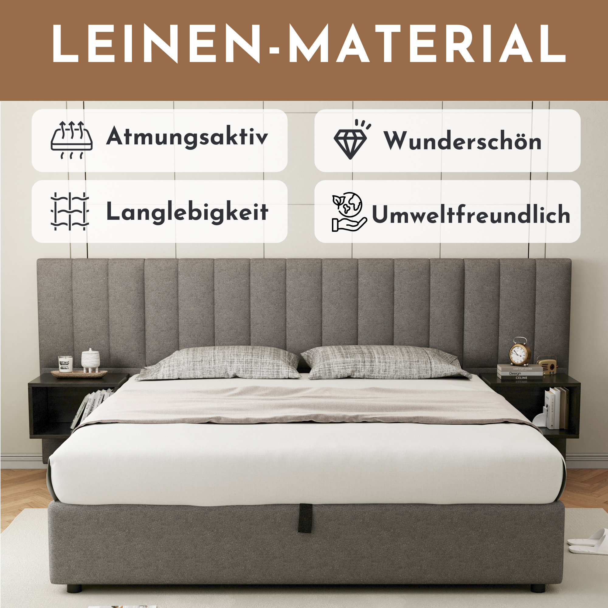 Cama contenedor 180 x 200 cm con cabecero grande y 2 mesitas de noche - Tela de lino - Gris + negro (sin colchón) - 6